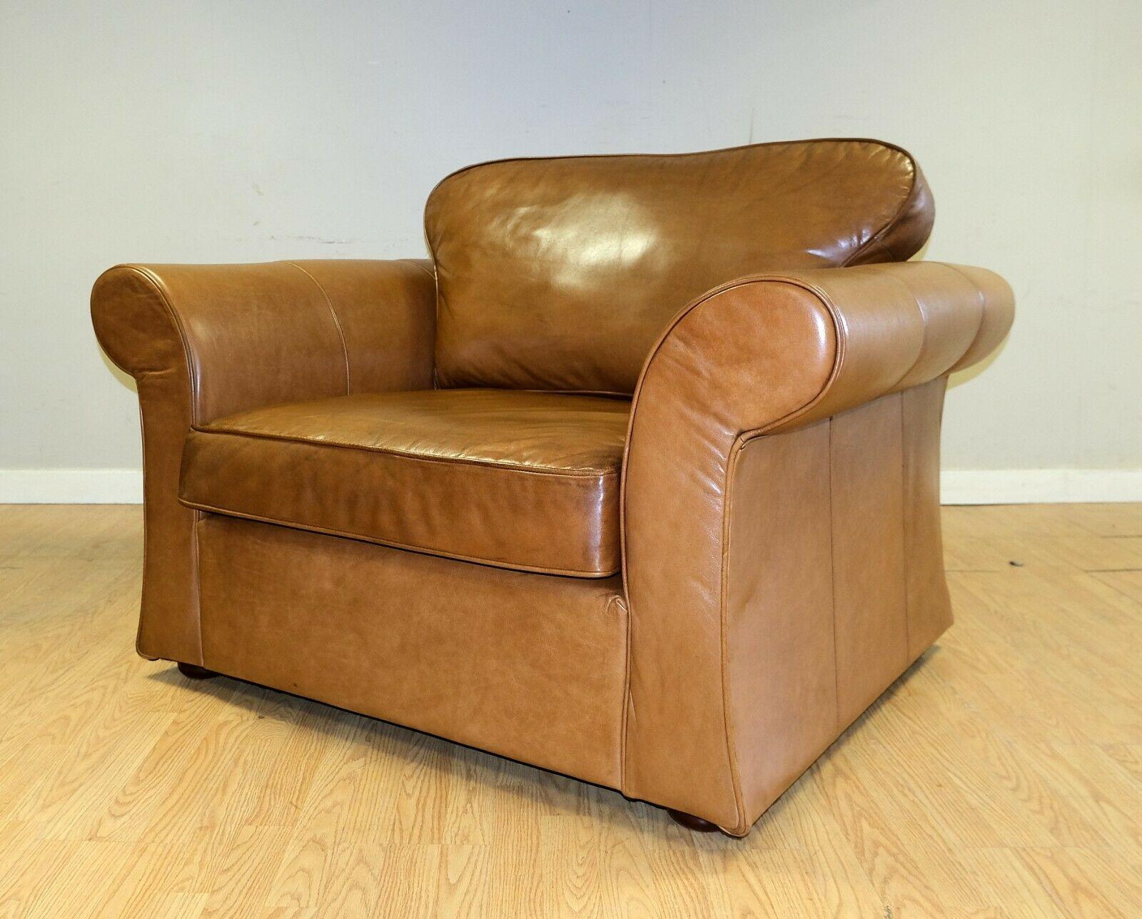 Art Deco Stunning Tan Leather Armchair on Scroll Arms & Wooden Feet