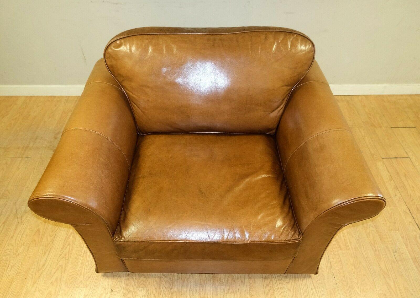 Hand-Crafted Stunning Tan Leather Armchair on Scroll Arms & Wooden Feet