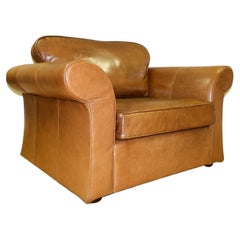 Stunning Tan Leather Armchair on Scroll Arms & Wooden Feet