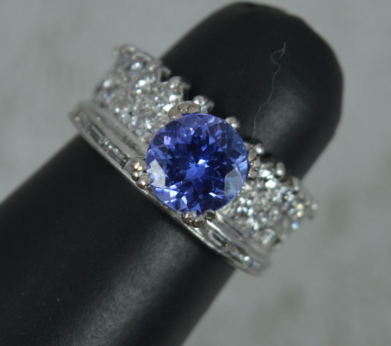 Stunning Tanzanite and Diamond 18ct White Gold Crown Cluster Ring For Sale 2