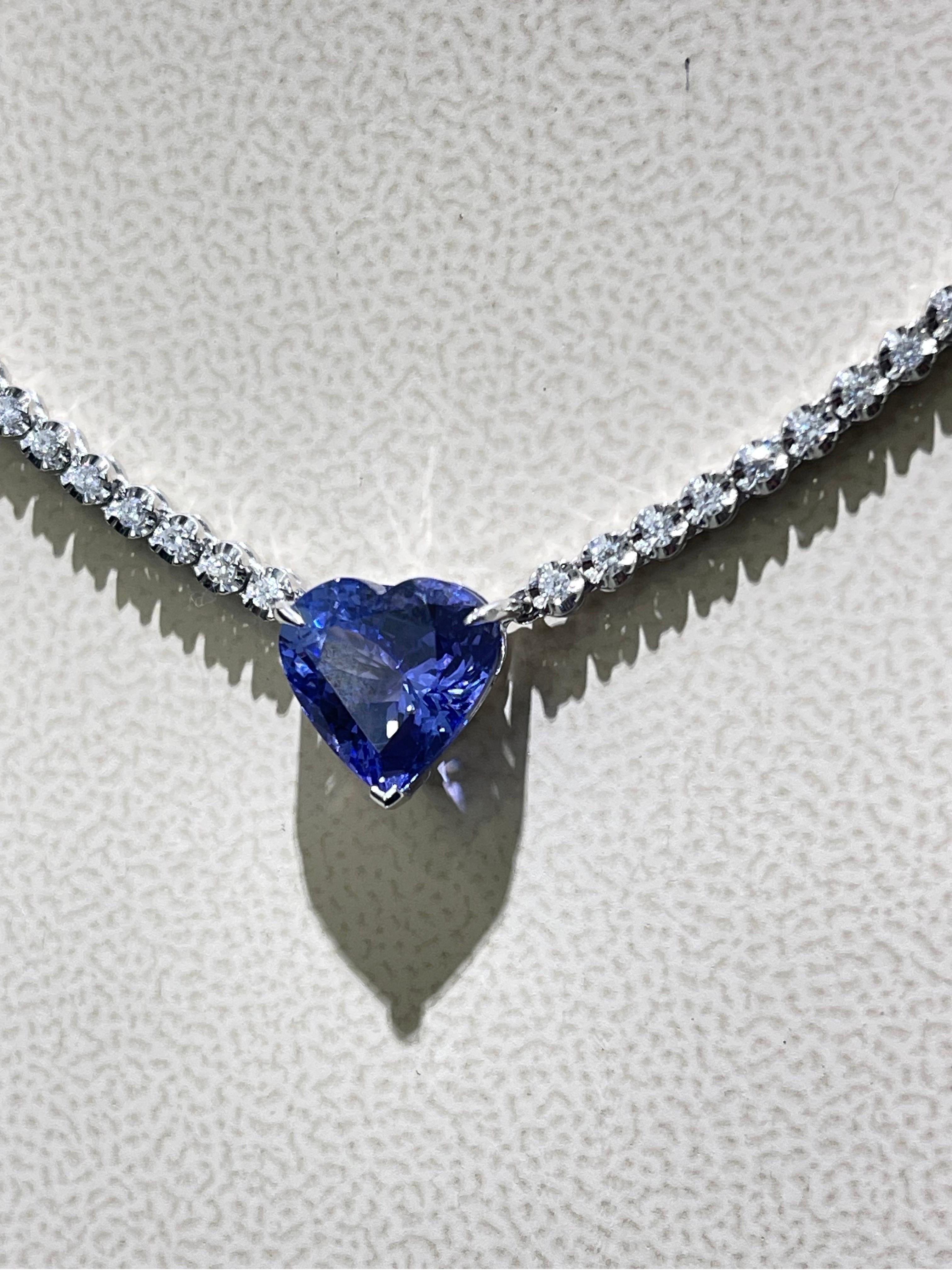 Heart Cut Stunning Tanzanite And Diamond Necklace In 18k White Gold  For Sale