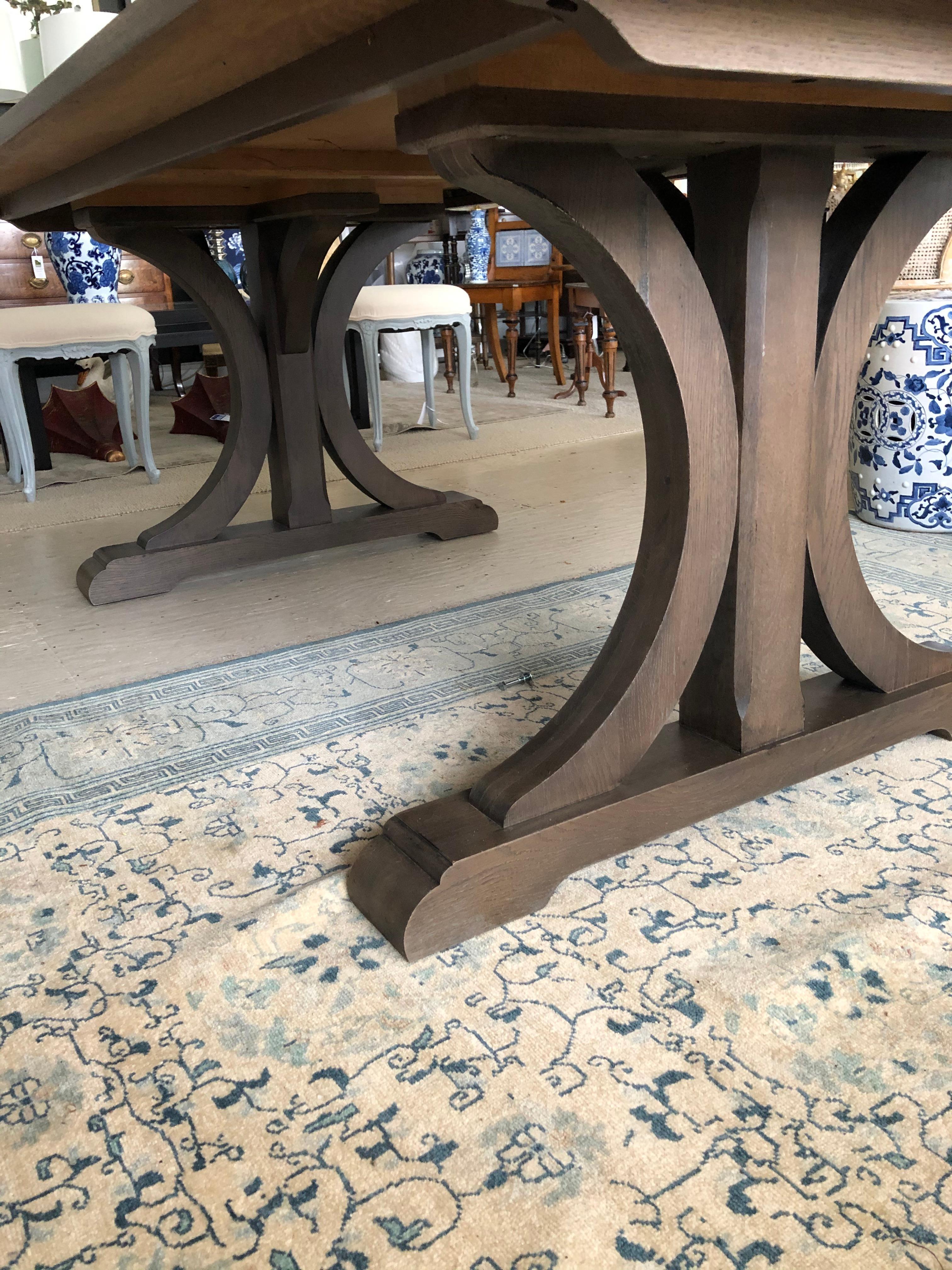 Large Trestle Dining Table with Grey Stained Patina  In Good Condition For Sale In Hopewell, NJ