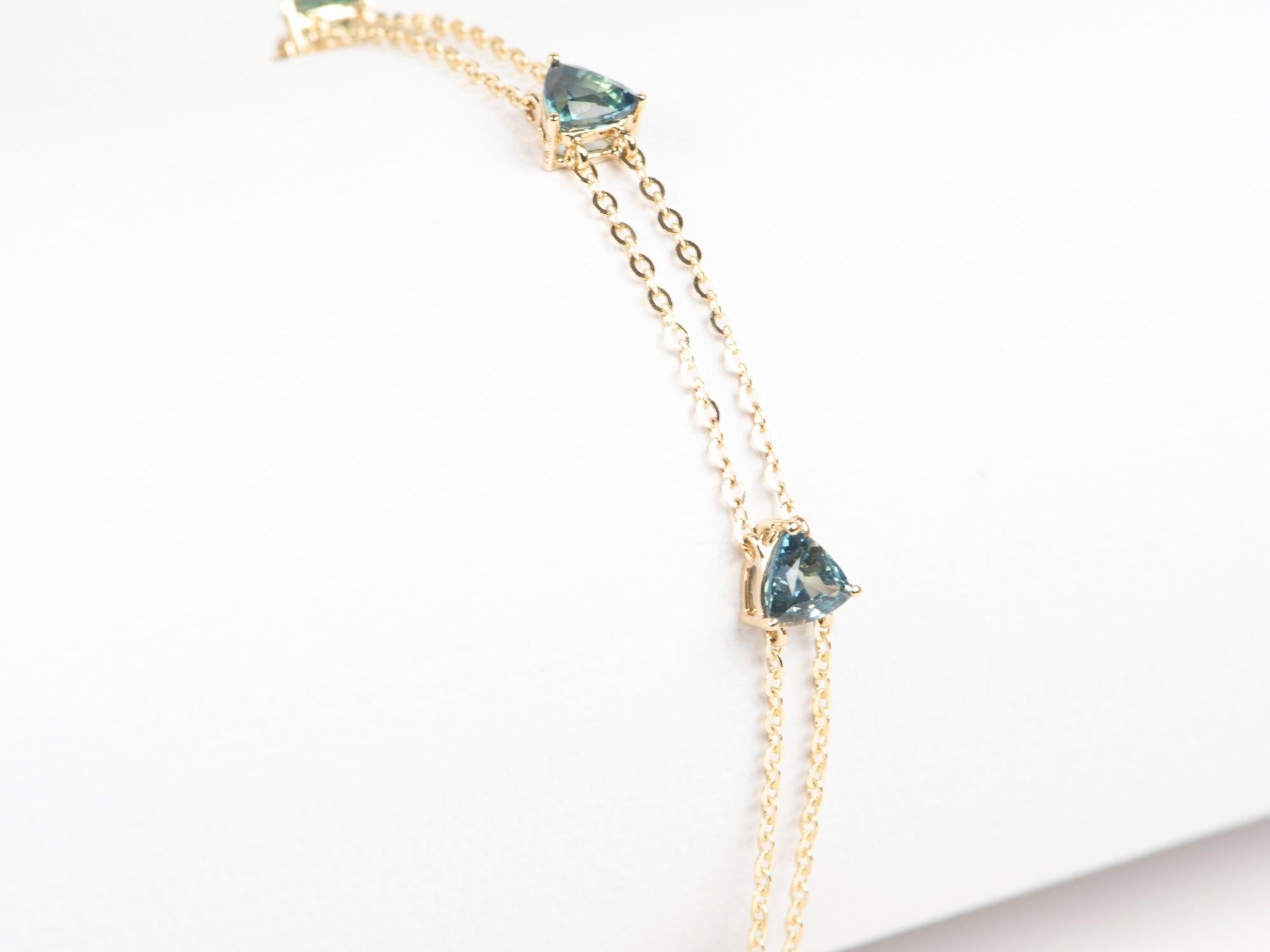 ♥ Stunning Teal Blue Sapphire Bracelet on Double Strand Chain 14K Gold 7.5