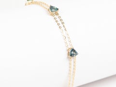 Stunning Teal Blue Sapphire Bracelet on Double Strand Chain 14K Gold 7.5" R2125