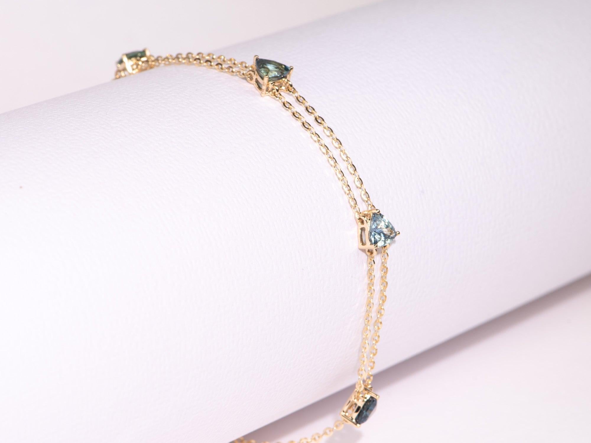 Uncut Stunning Teal Blue Sapphire Bracelet on Double Strand Chain 14K Gold 7.5
