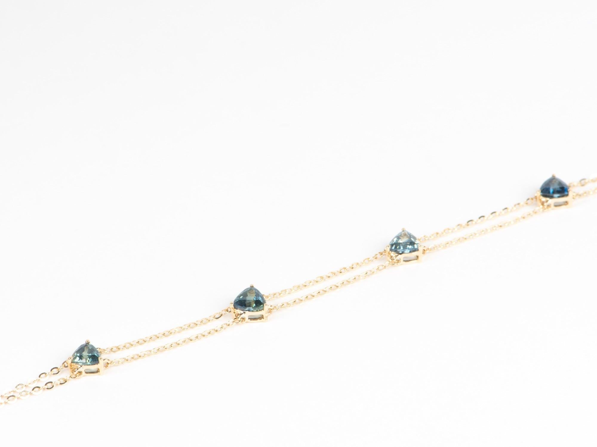 Stunning Teal Blue Sapphire Bracelet on Double Strand Chain 14K Gold 7.5