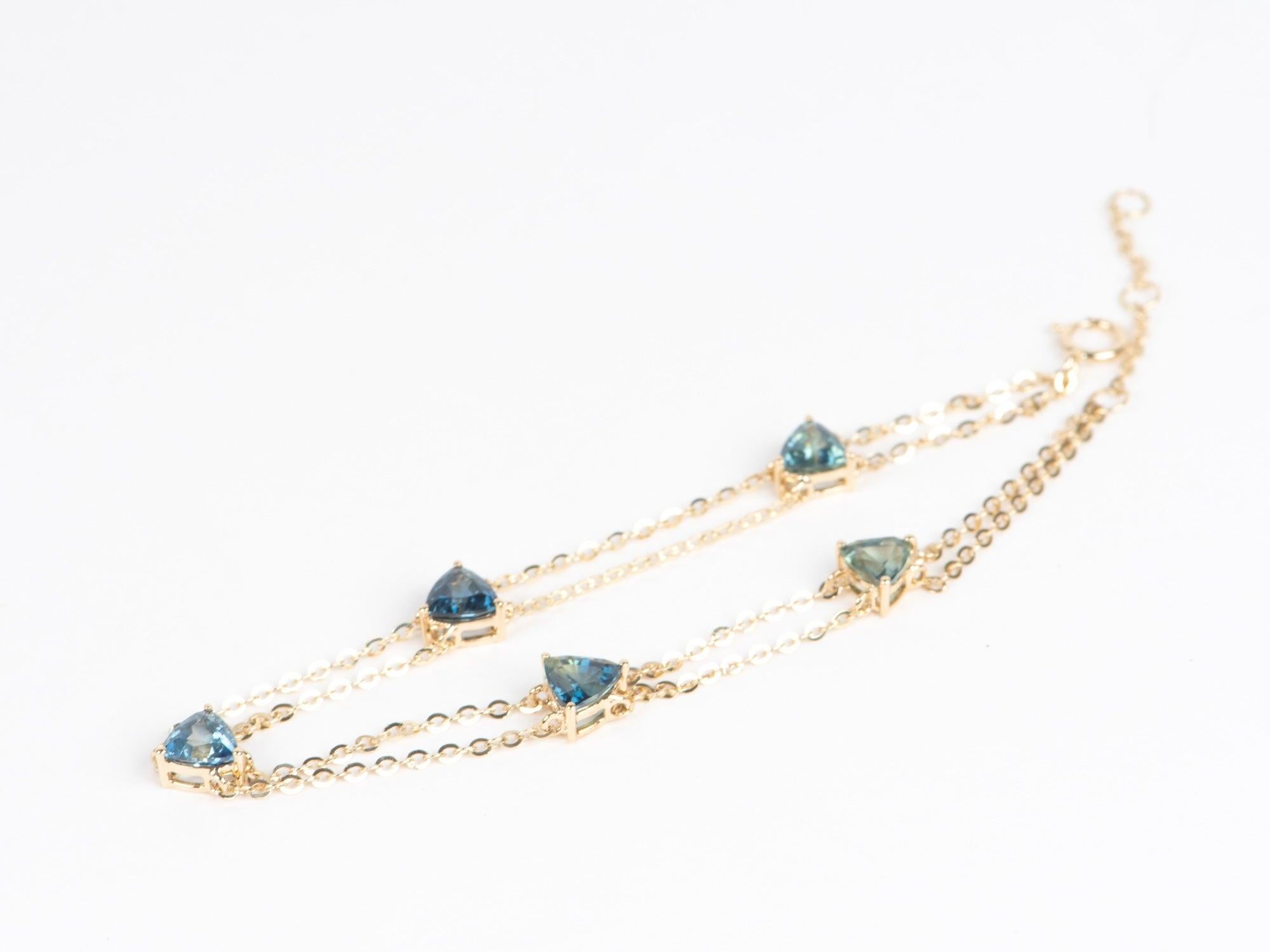 Women's or Men's Stunning Teal Blue Sapphire Bracelet on Double Strand Chain 14K Gold 7.5
