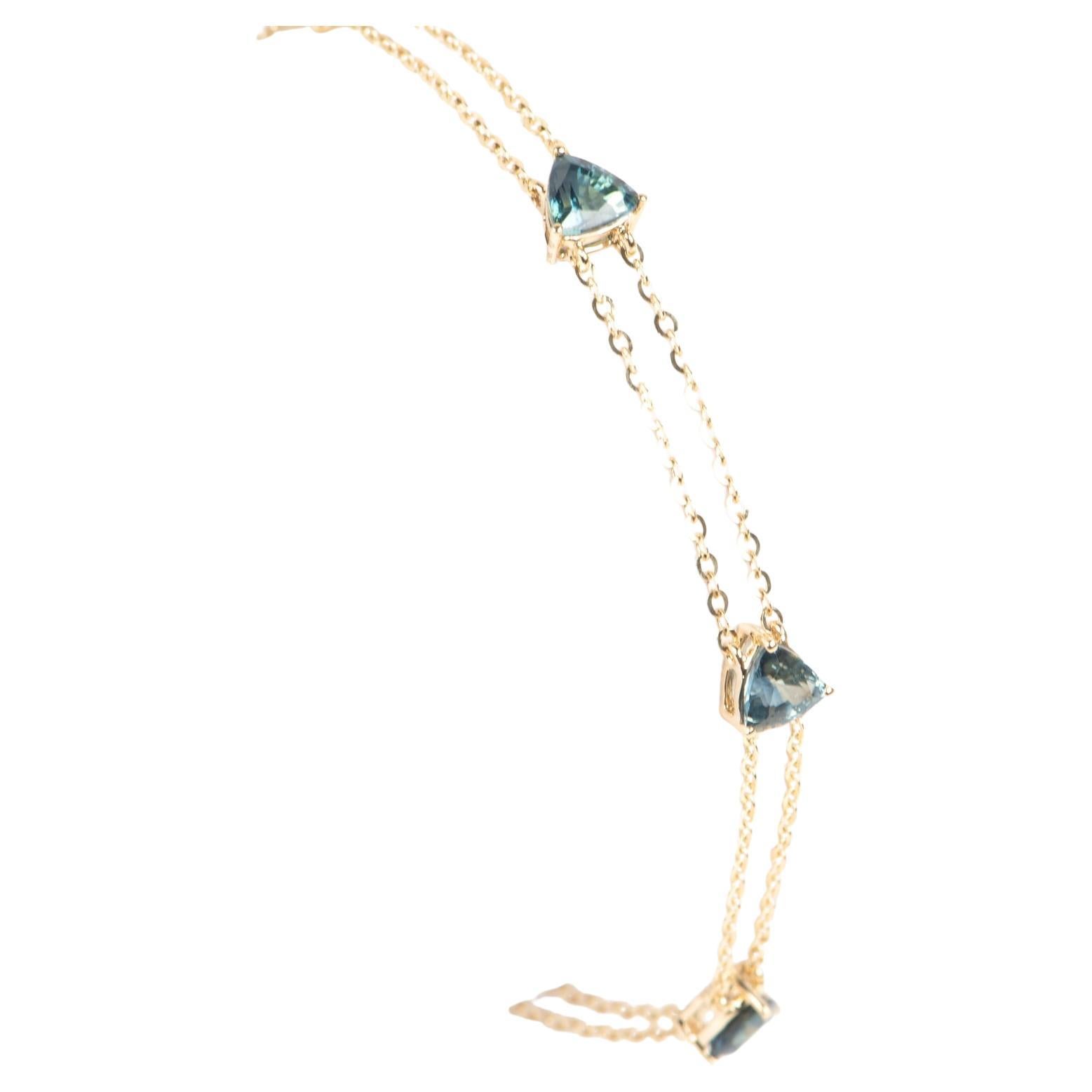Stunning Teal Blue Sapphire Bracelet on Double Strand Chain 14K Gold 7.5" R2125 For Sale