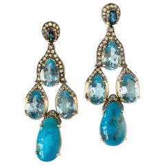 Stunning Teardrop Turquoise and Blue Topaz Chandelier Vermeil Earrings