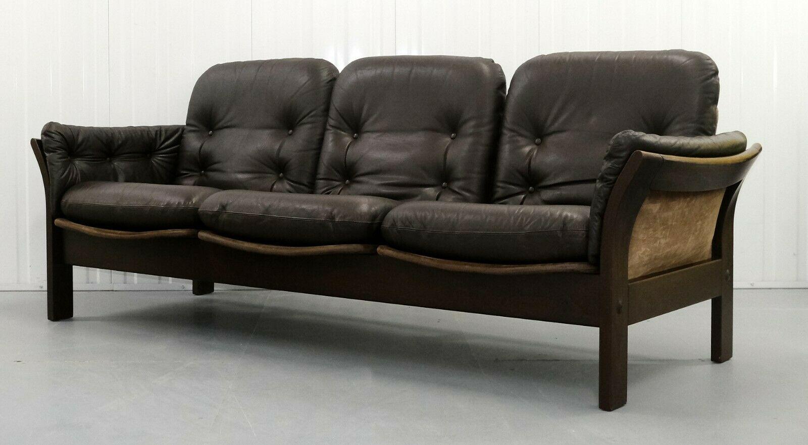 Mid-Century Modern Stunning Thams Kvalitet Brown Leather & Suede Three Seater Sofa Bentwood Frame For Sale