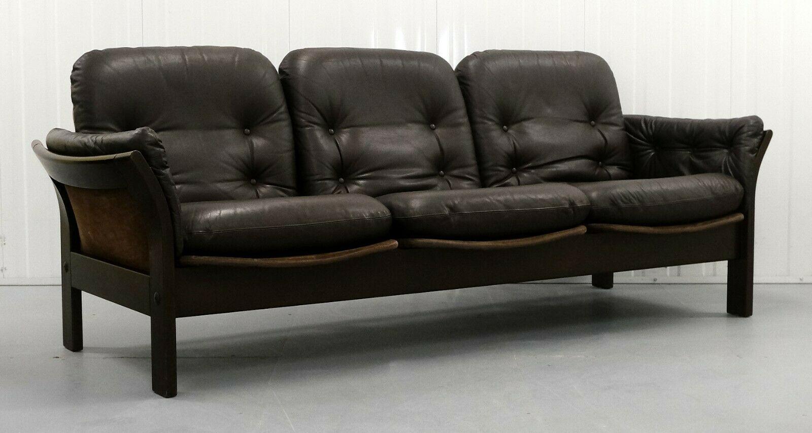 Stunning Thams Kvalitet Brown Leather & Suede Three Seater Sofa Bentwood Frame For Sale 3