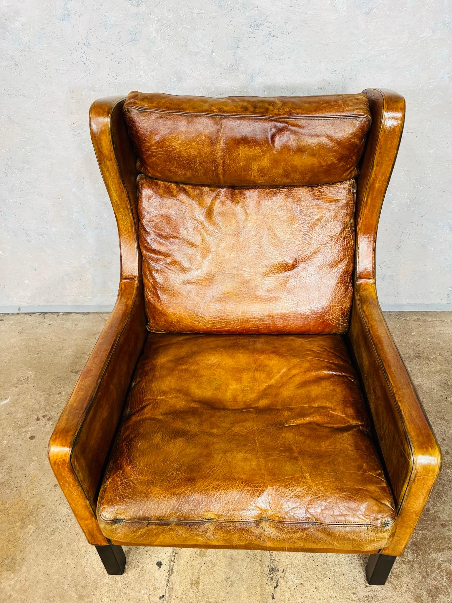 Stunning Thams Kvalitet Vintage Danish 1970s Tan Leather Wingback Armchair In Good Condition For Sale In Lewes, GB
