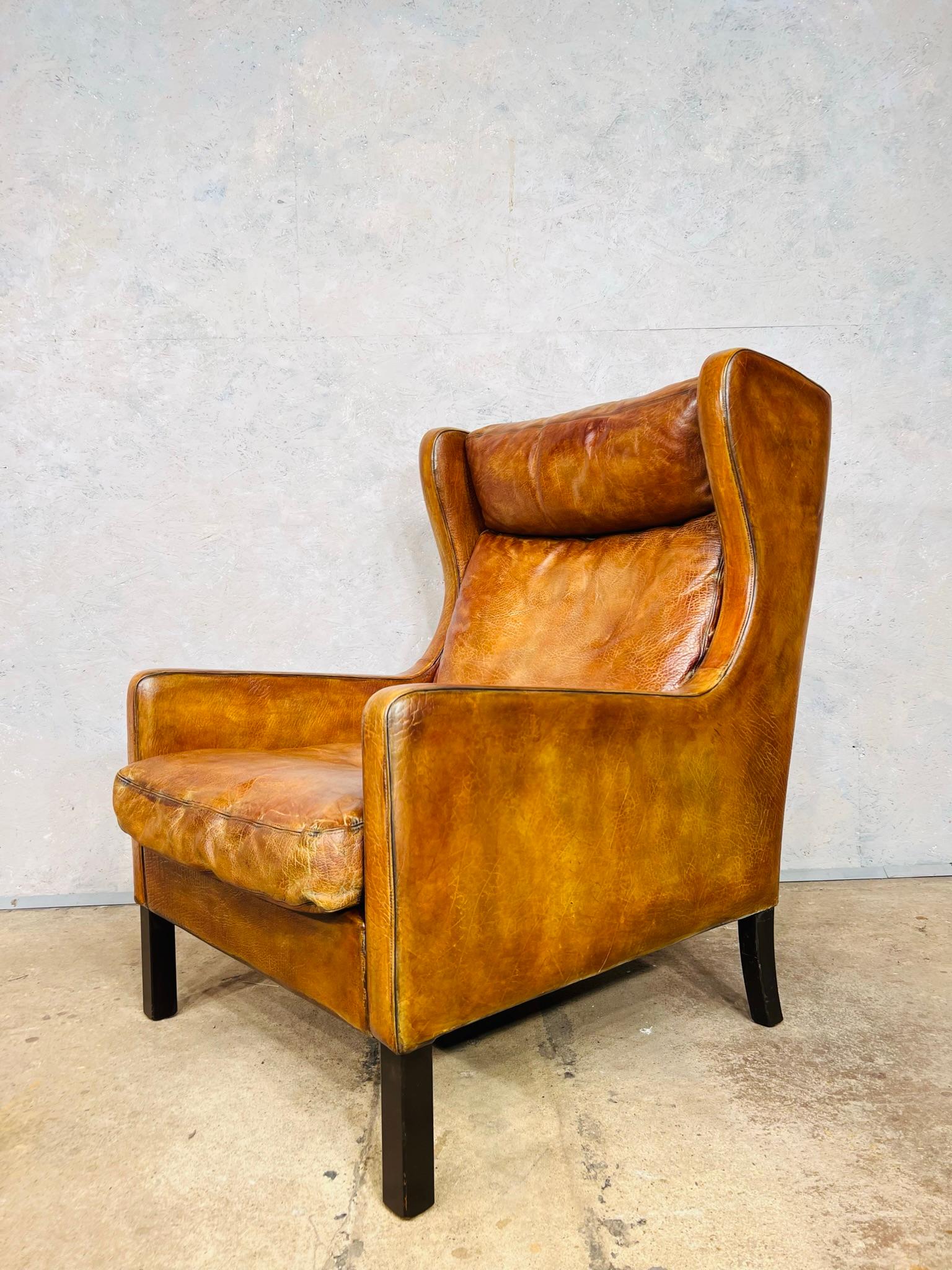 20th Century Stunning Thams Kvalitet Vintage Danish 1970s Tan Leather Wingback Armchair For Sale