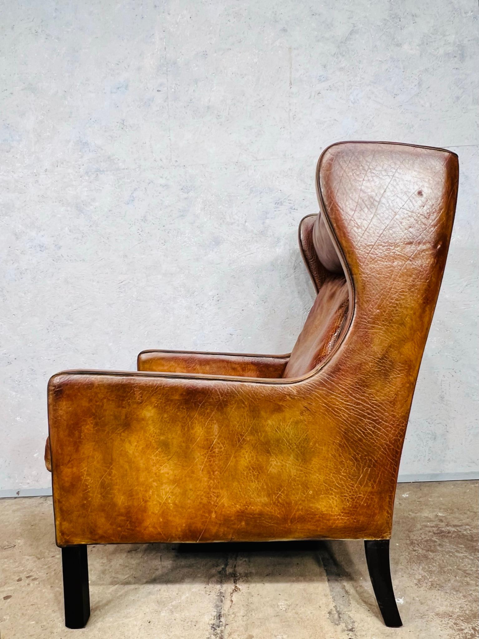 Stunning Thams Kvalitet Vintage Danish 1970s Tan Leather Wingback Armchair For Sale 3