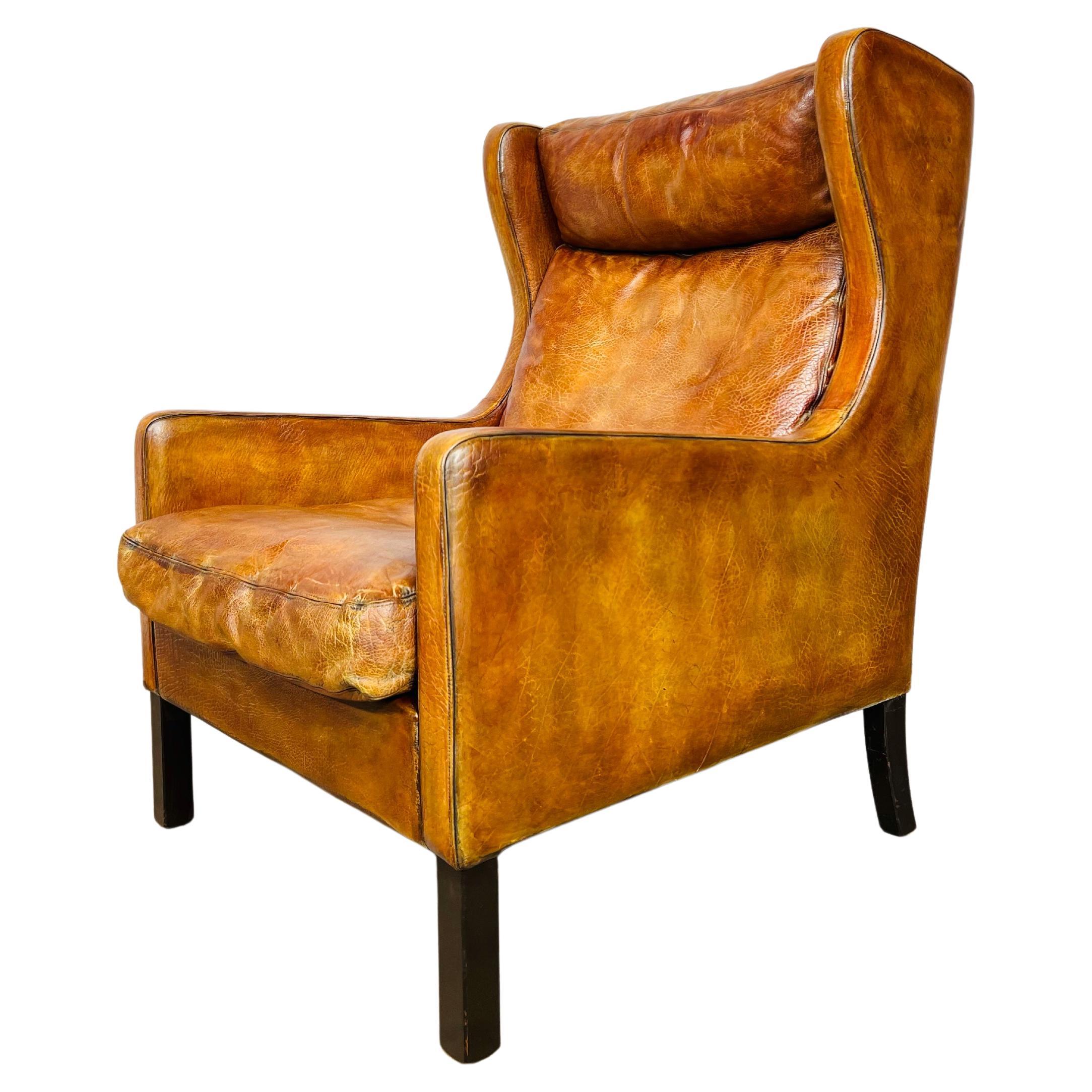 Stunning Thams Kvalitet Vintage Danish 1970s Tan Leather Wingback Armchair For Sale