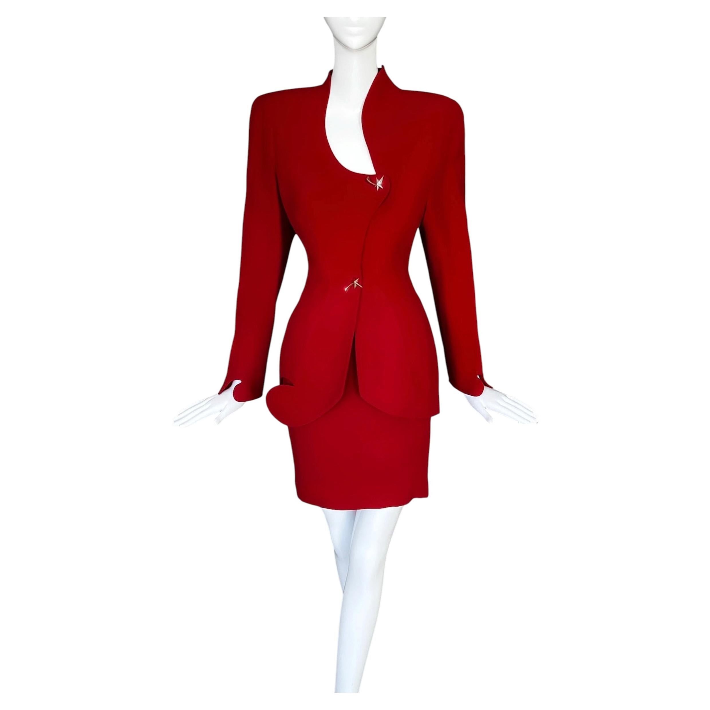 Stunning Thierry Mugler Red Skirt Suit Cutout Sculptural Ensemble Metal Stars