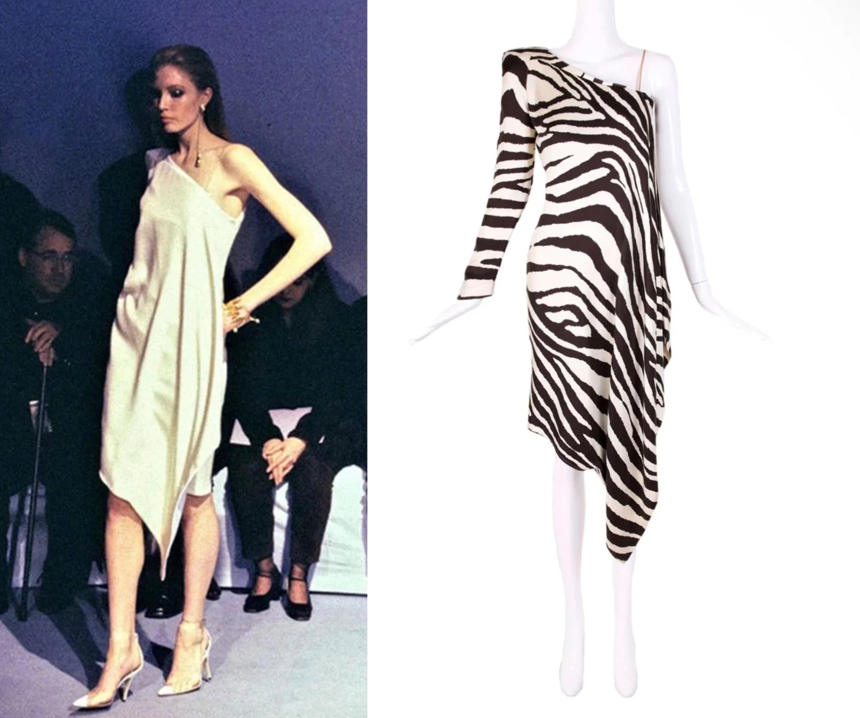 
Absolutely gorgeous Cocktail Dress by Fashion Icon Thierry Mugler. Rare Colllectors Piece. Pure high quality soft Silk evening gown with iconic Mugler zebra print, assuming 1998 Spring/Summer Collection, the white version was worn on the