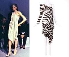 Stunning Thierry Mugler Silk Dress SS1998 Zebra Print Single Shoulder Stole