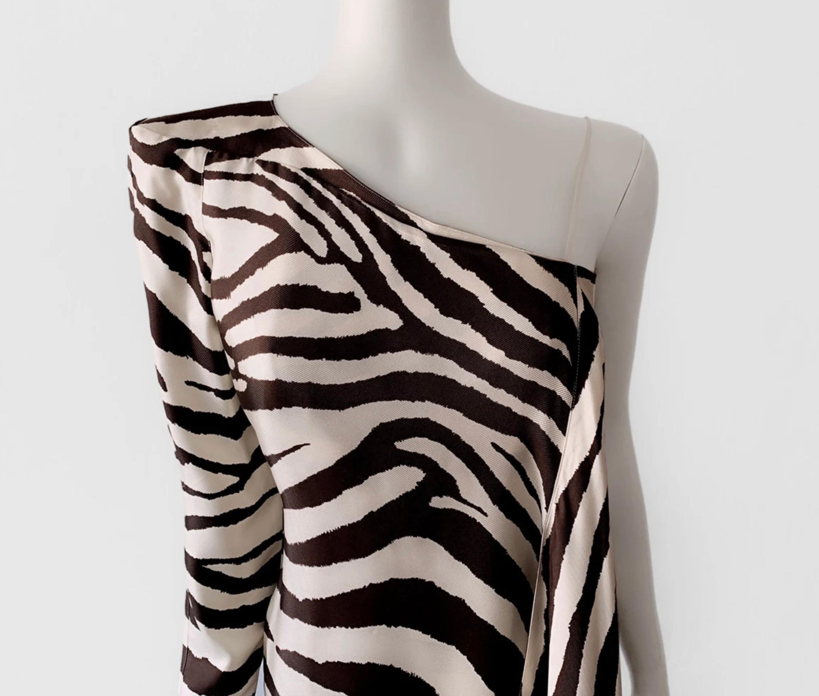 Stunning Thierry Mugler Silk Dress SS1998 Zebra Print Single Shoulder Stole For Sale 1