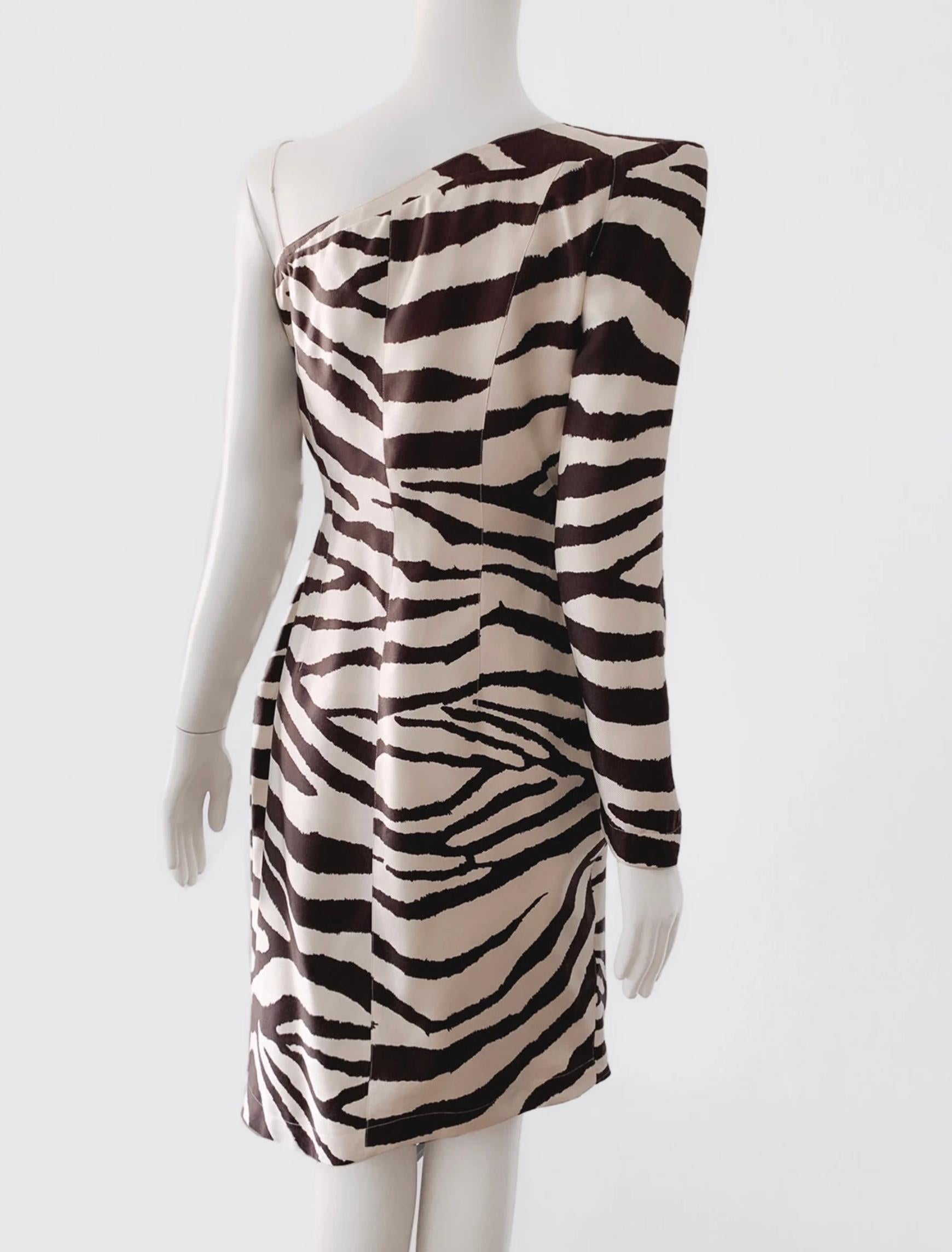 Stunning Thierry Mugler Silk Dress SS1998 Zebra Print Single Shoulder Stole For Sale 2