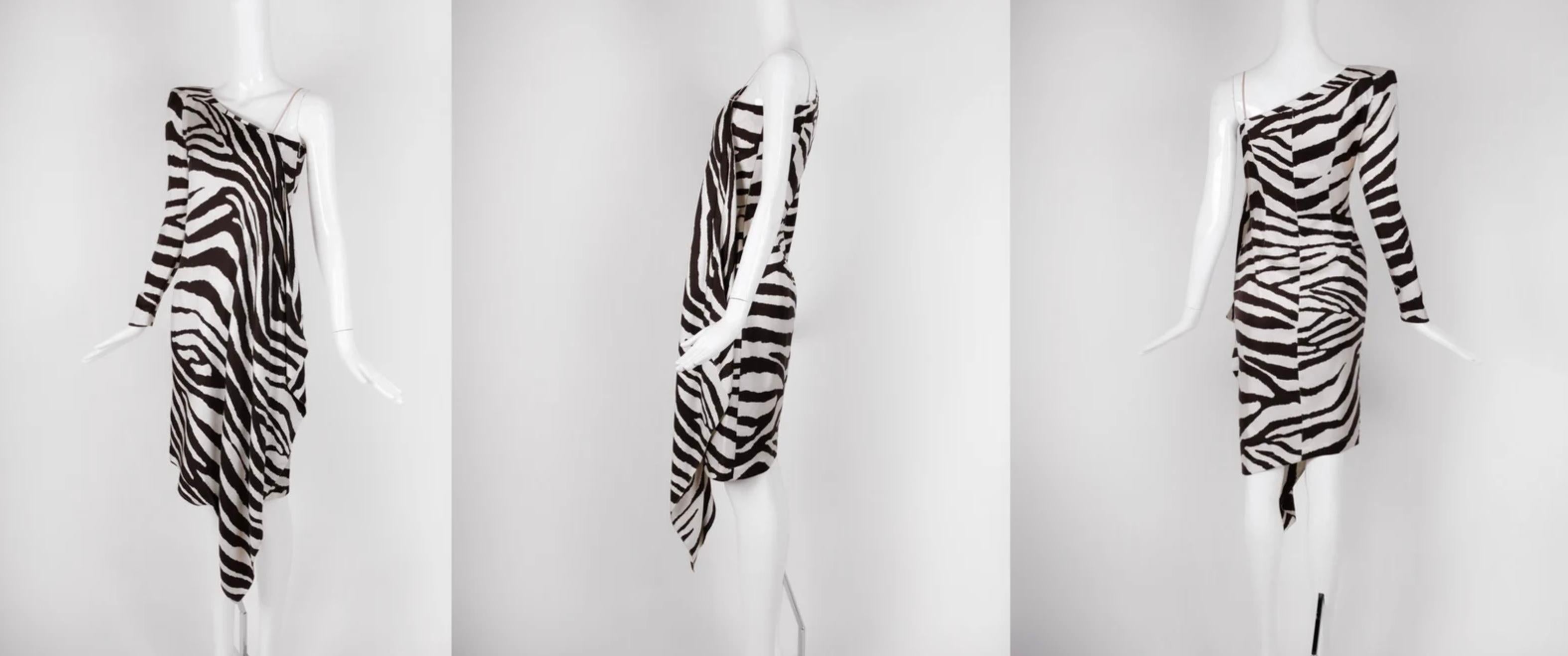 Stunning Thierry Mugler Silk Dress SS1998 Zebra Print Single Shoulder Stole For Sale 3