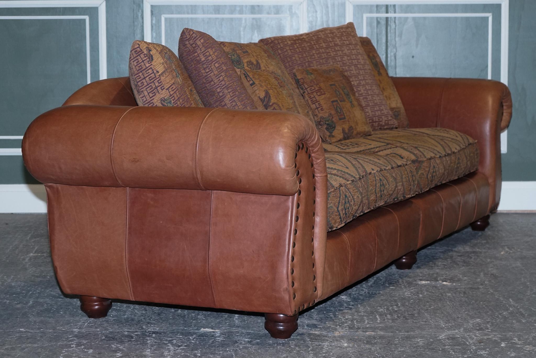 Stunning Thomas Lloyd Leather with Egyptian Pattern Fabric Grand Sofa