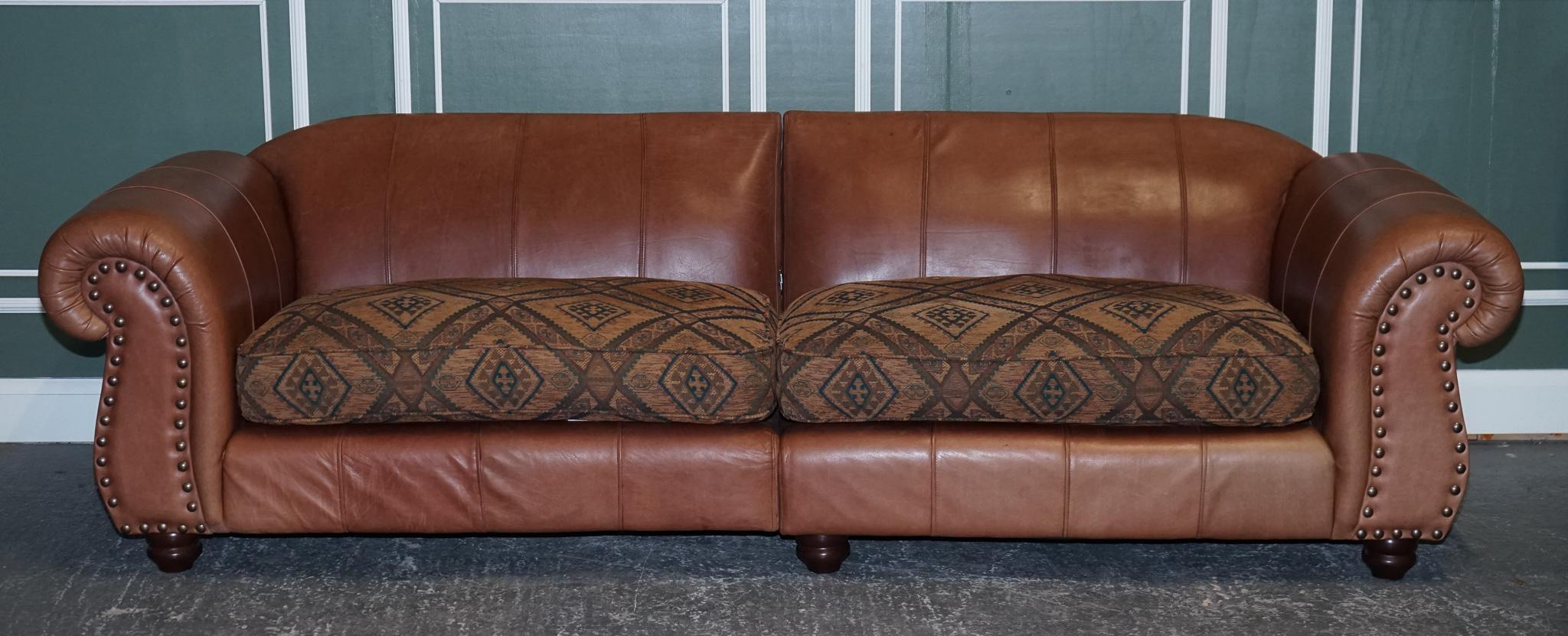 British Stunning Thomas Lloyd Leather with Egyptian Pattern Fabric Grand Sofa