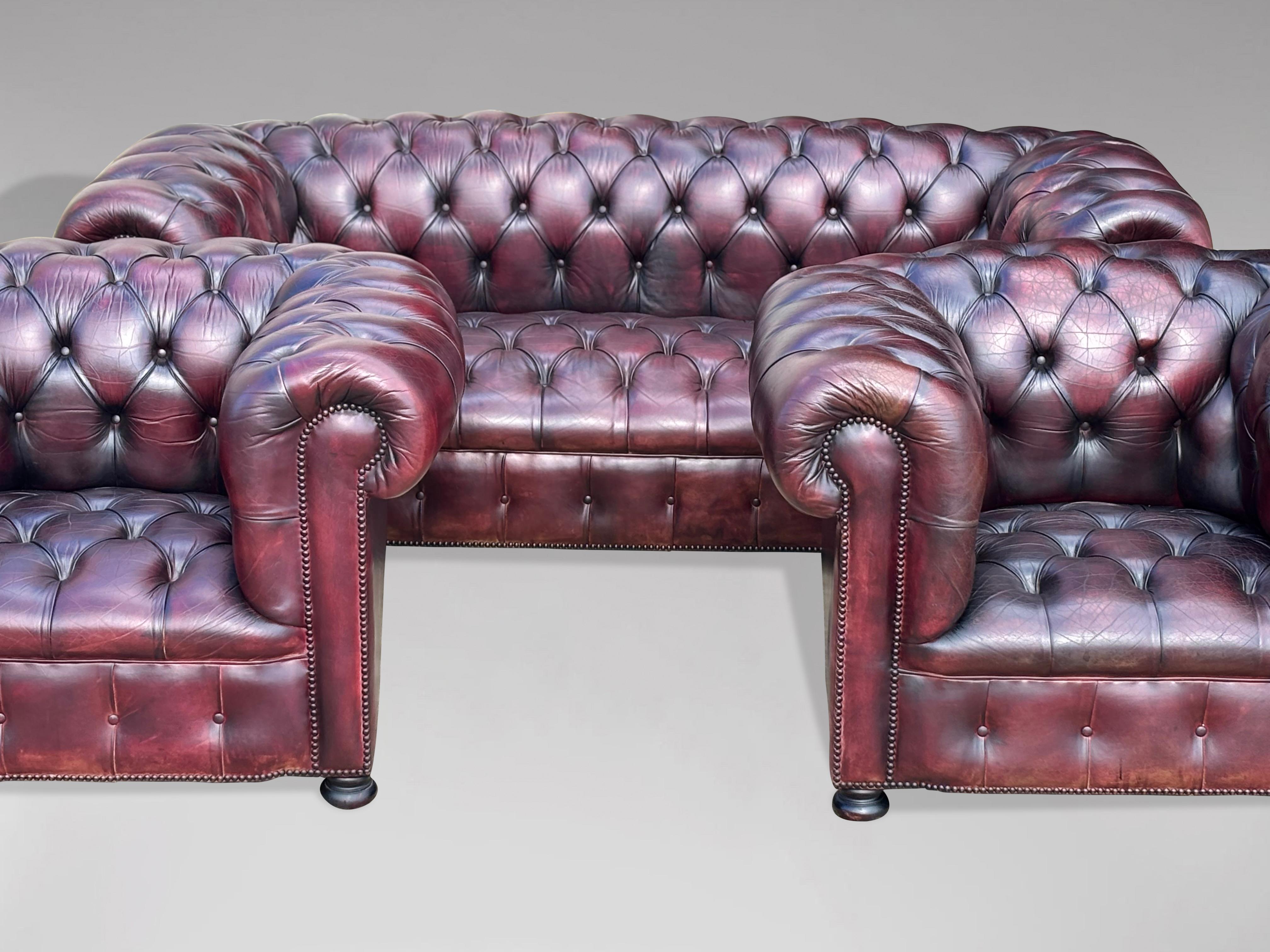 British Stunning Three Piece Burgundy Leather Chesterfield Suite For Sale