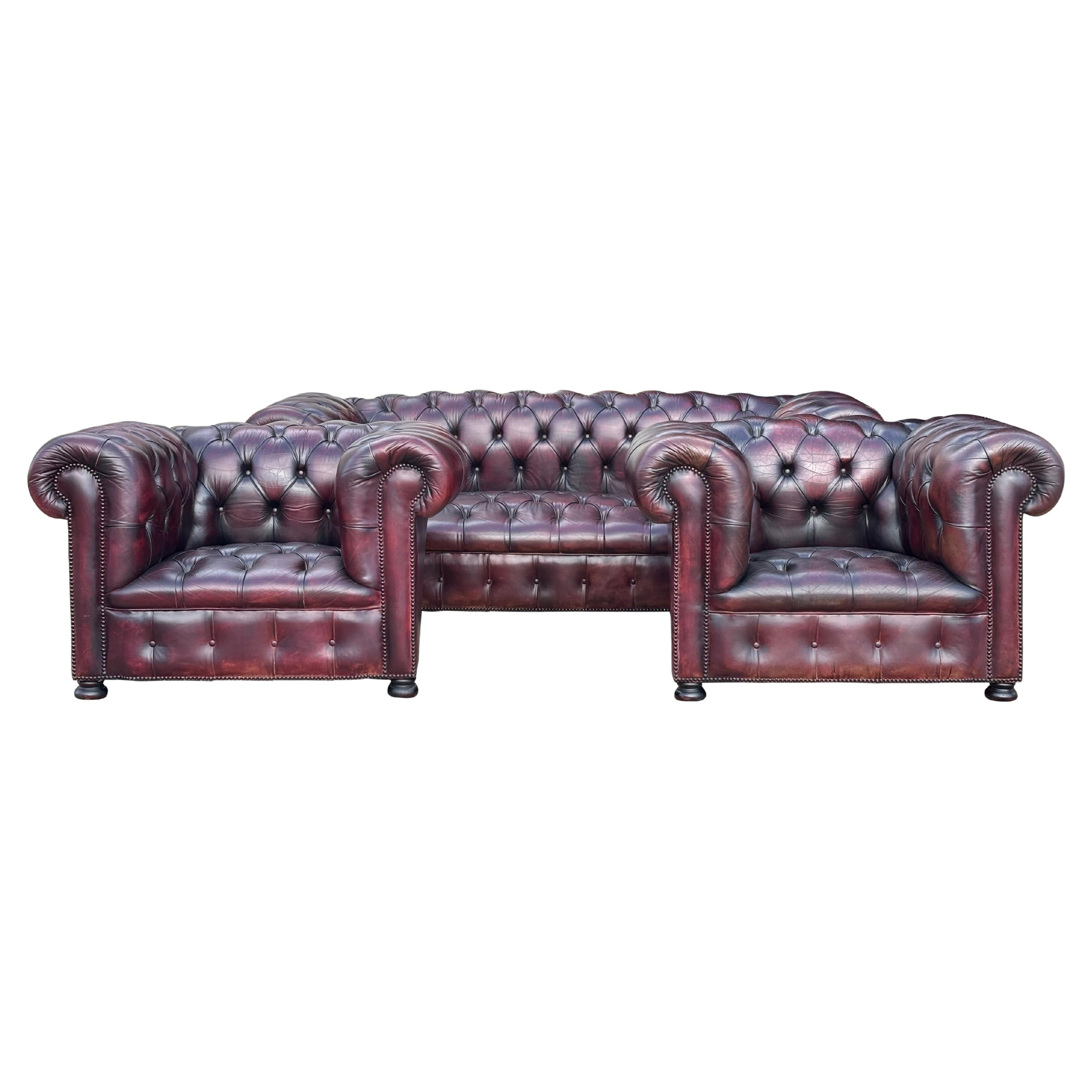 Stunning Three Piece Burgundy Leather Chesterfield Suite For Sale