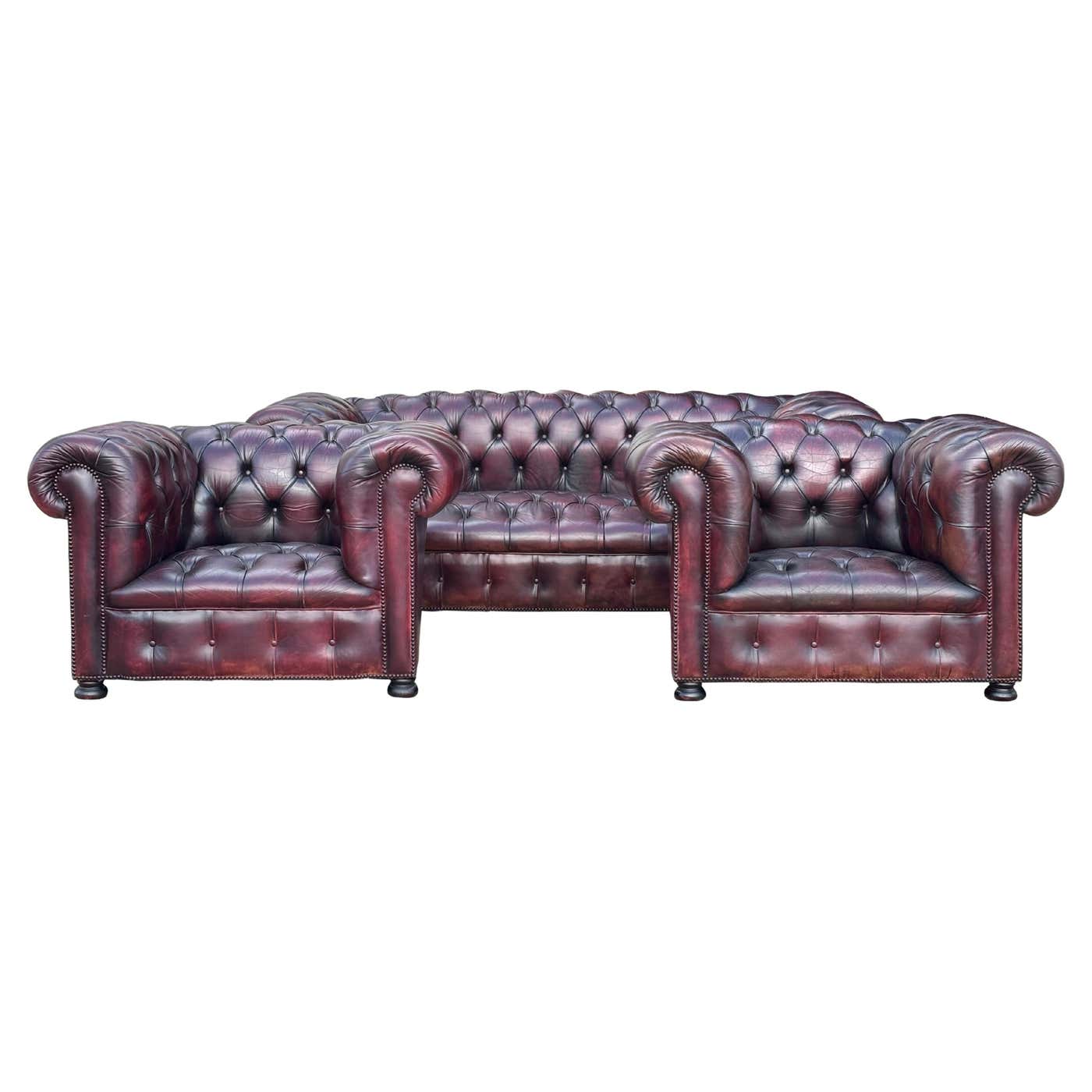Stunning Three Piece Burgundy Leather Chesterfield Suite For Sale at ...