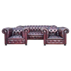 Used Stunning Three Piece Burgundy Leather Chesterfield Suite