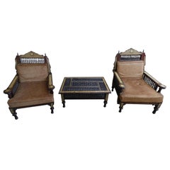 Antique Stunning Three-Piece Set of Moroccan Royalty Pair of Chairs and Coffee Table