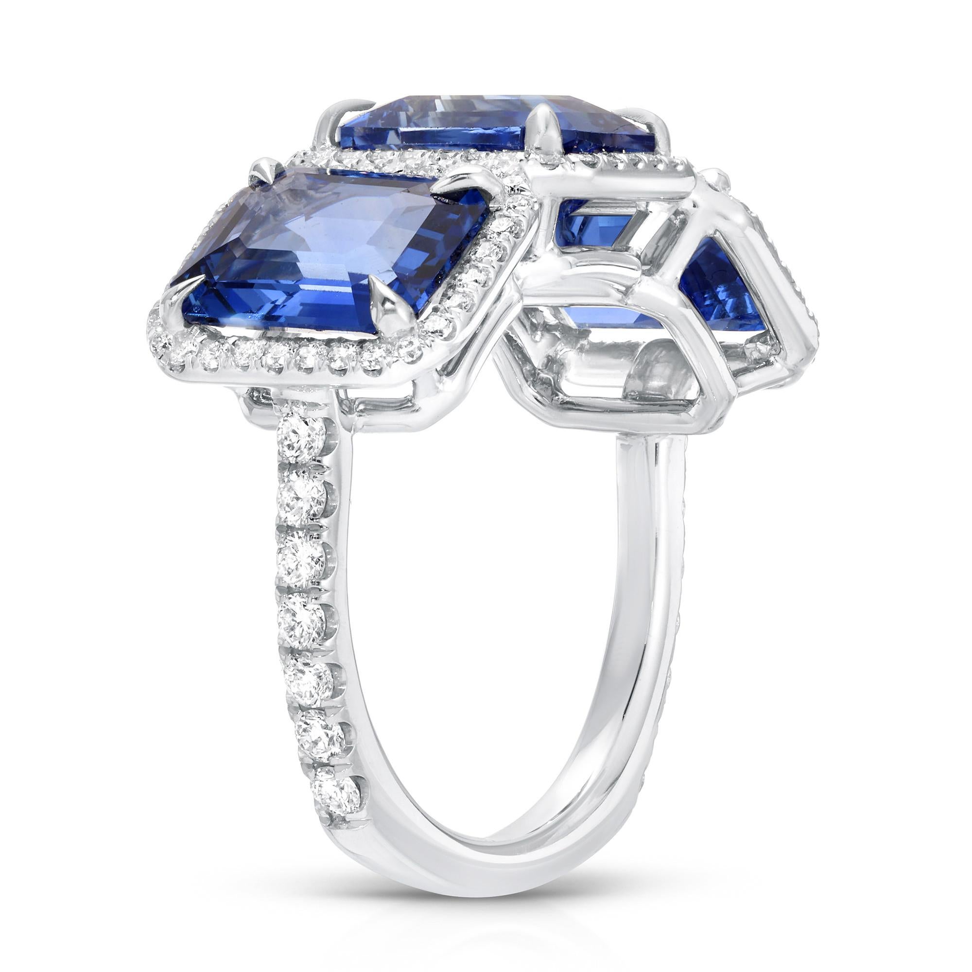 Emerald Cut Stunning Three Stone Blue Sapphire Ring 8.3 Carats 18K White Gold For Sale