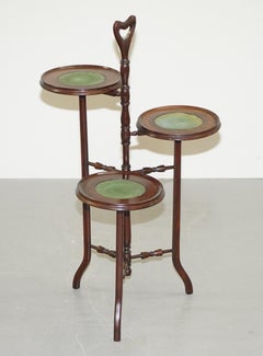 Stunning Three-Tiered Hardwood and Green Leather Whatnot Side Table Plant Stand