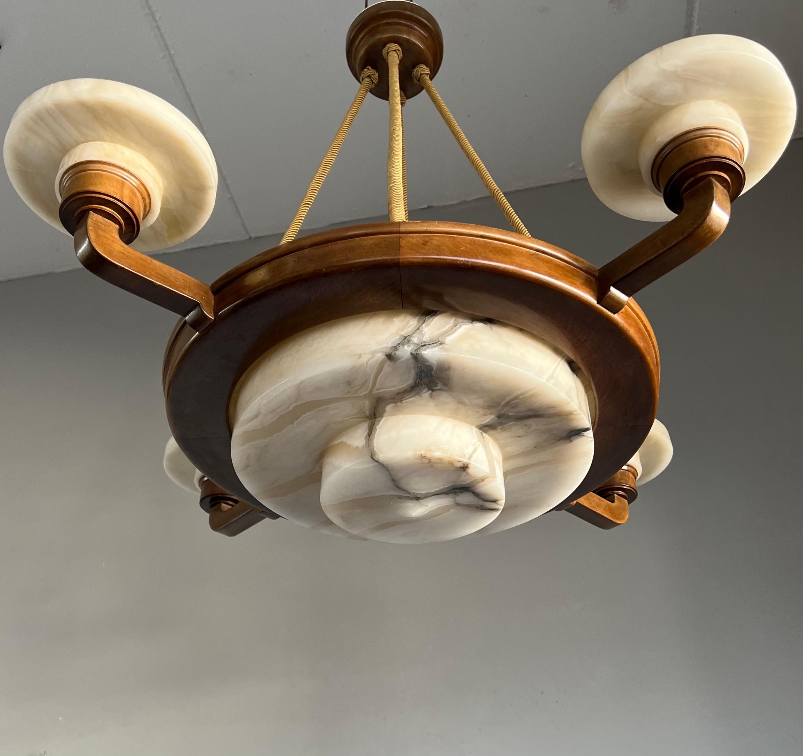 Stunning & Timeless Alabaster and Nutwood Four Arm Art Deco Chandelier / Pendant For Sale 12