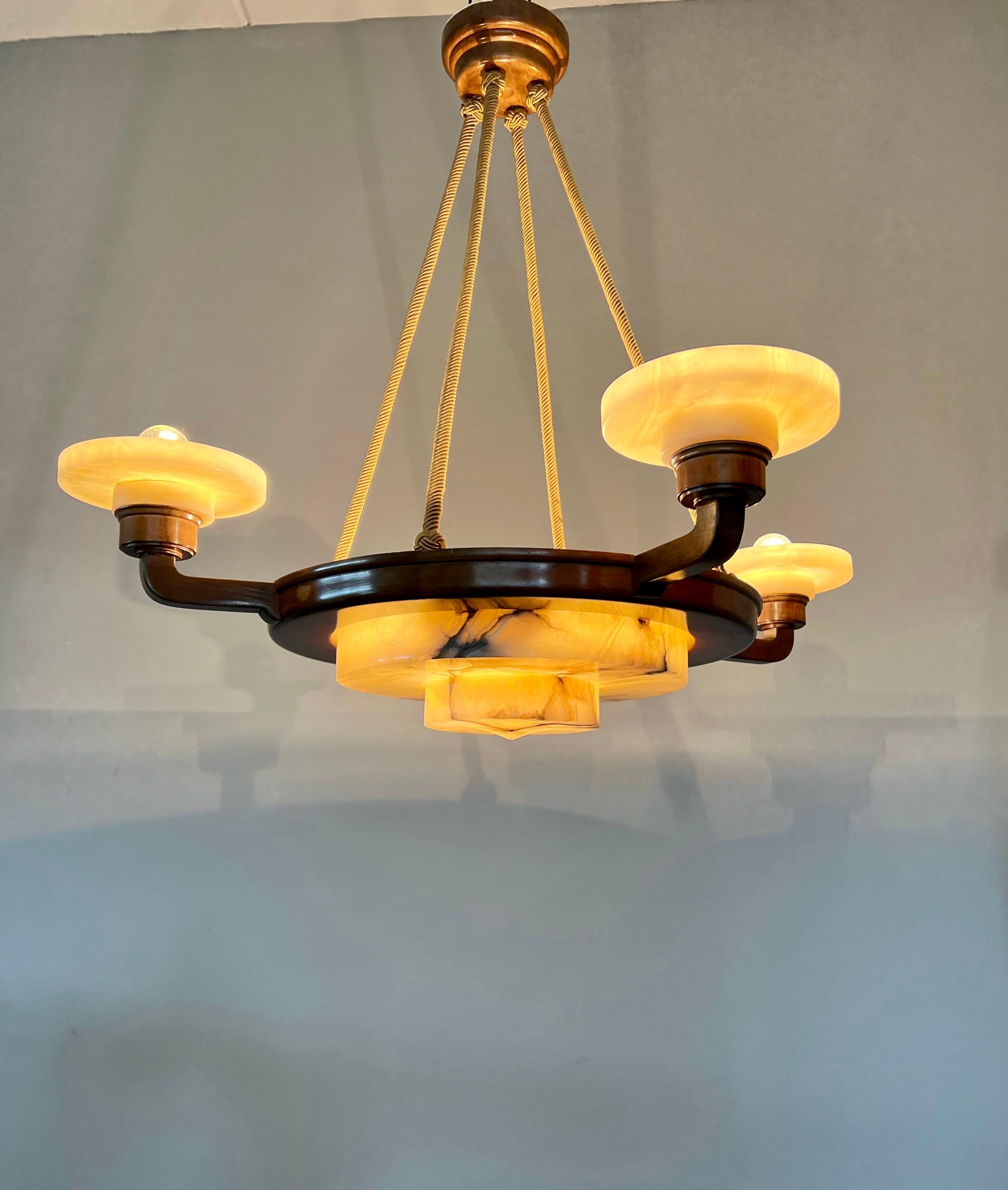 Hand-Crafted Stunning & Timeless Alabaster and Nutwood Four-Arm Art Deco Pendant / Chandelier For Sale