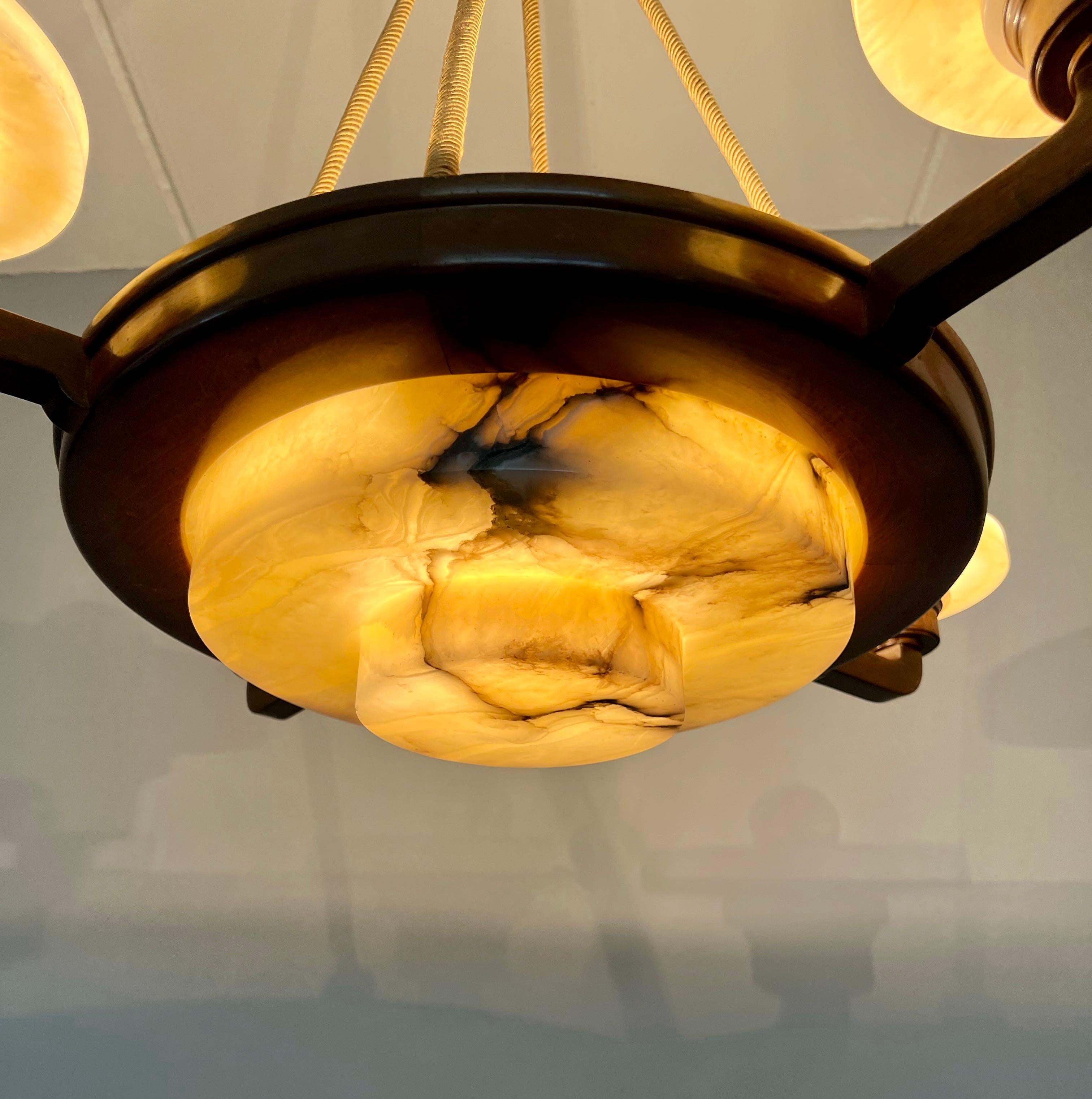 Stunning & Timeless Alabaster and Nutwood Four Arm Art Deco Chandelier / Pendant For Sale 3