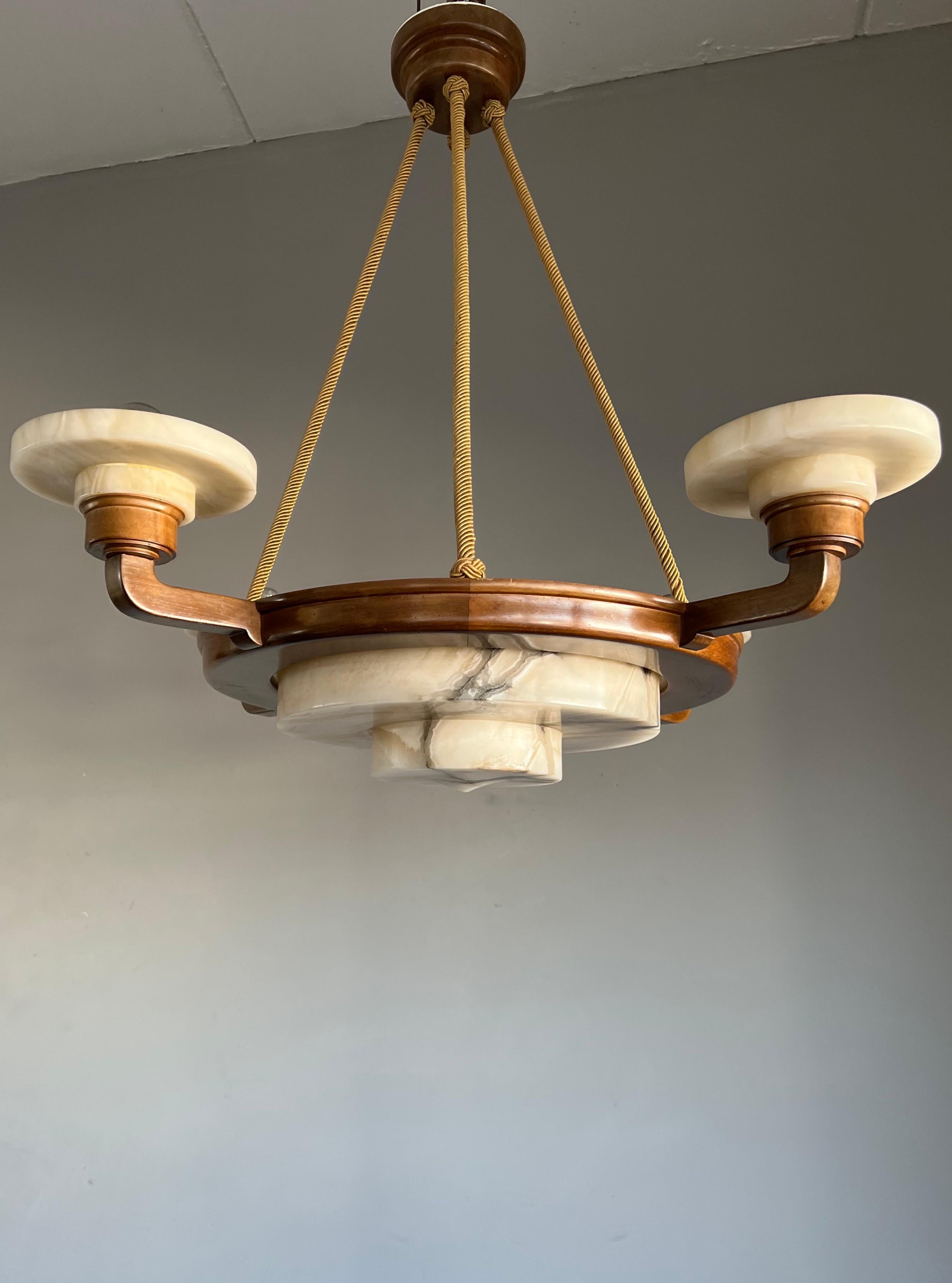 Austrian Stunning & Timeless Alabaster and Nutwood Four-Arm Art Deco Pendant / Chandelier For Sale
