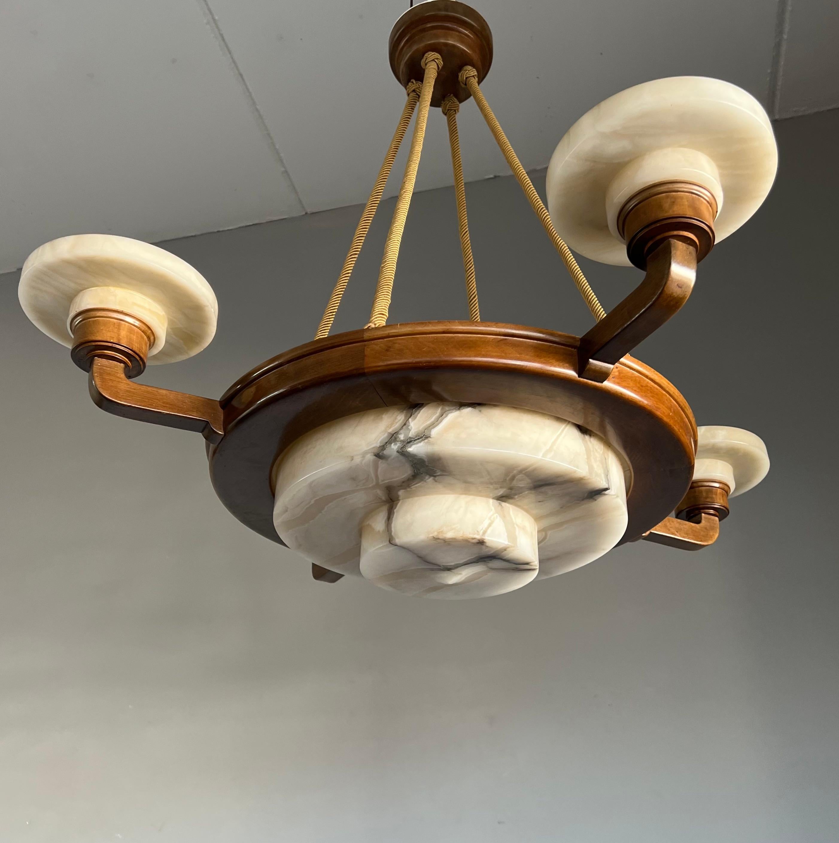 20th Century Stunning & Timeless Alabaster and Nutwood Four-Arm Art Deco Pendant / Chandelier For Sale