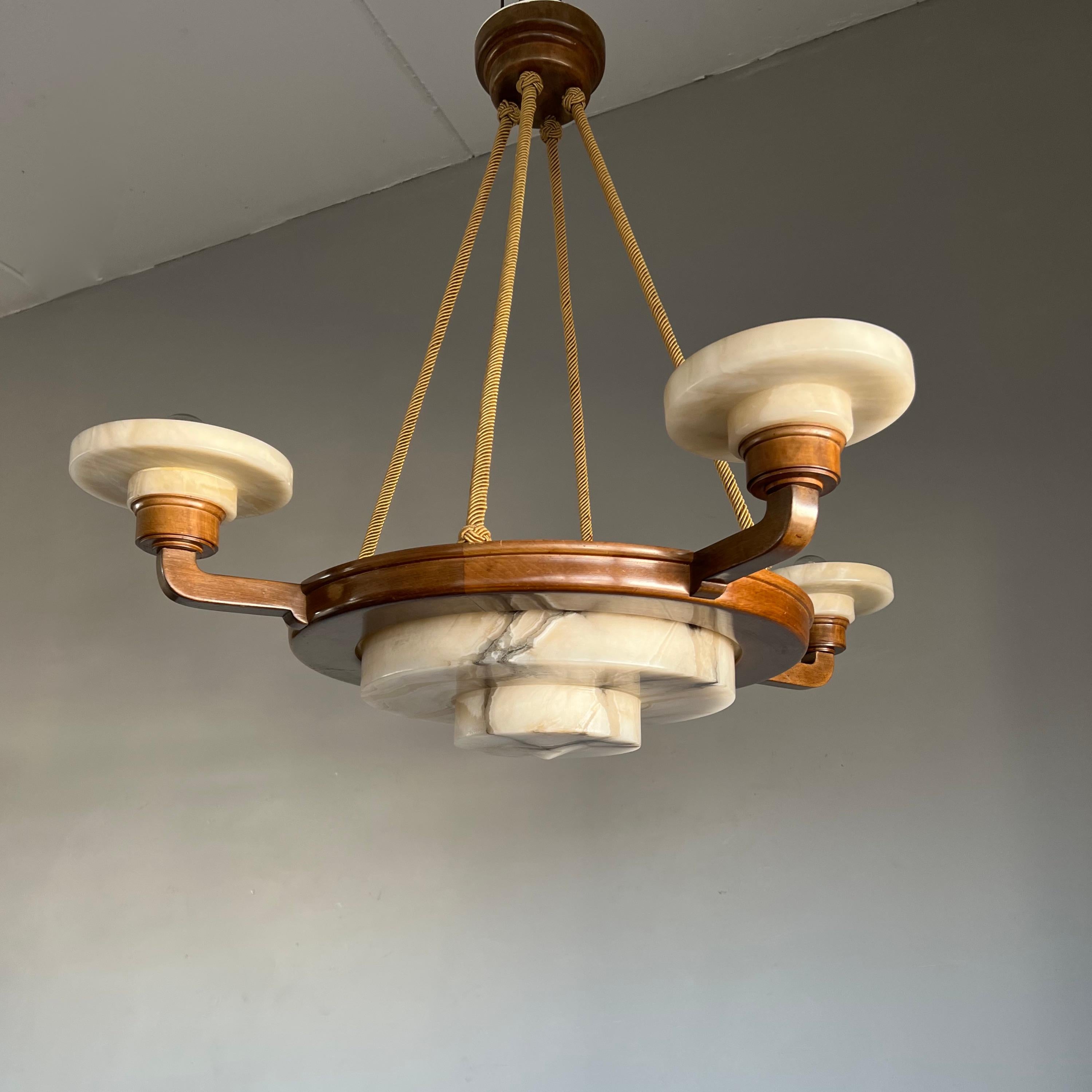 Stunning & Timeless Alabaster and Nutwood Four-Arm Art Deco Pendant / Chandelier For Sale 3