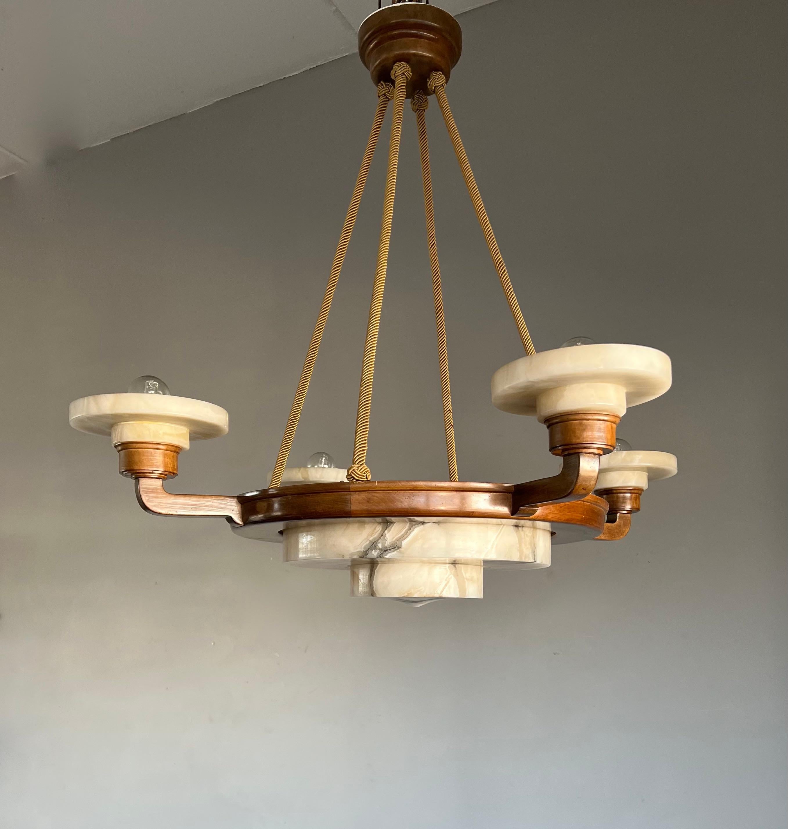 Stunning & Timeless Alabaster and Nutwood Four-Arm Art Deco Pendant / Chandelier For Sale 6
