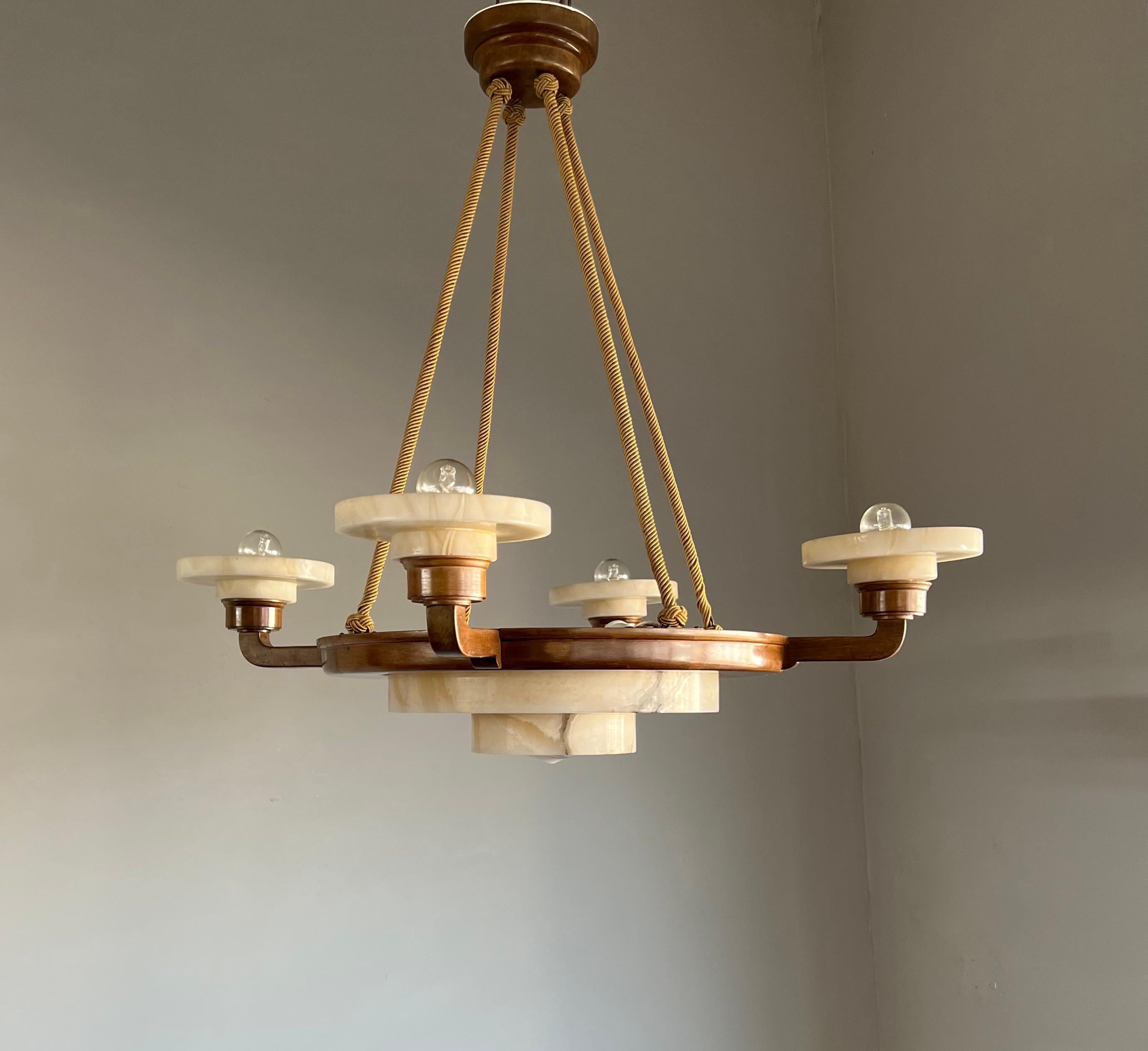 Stunning & Timeless Alabaster and Nutwood Four-Arm Art Deco Pendant / Chandelier For Sale 7