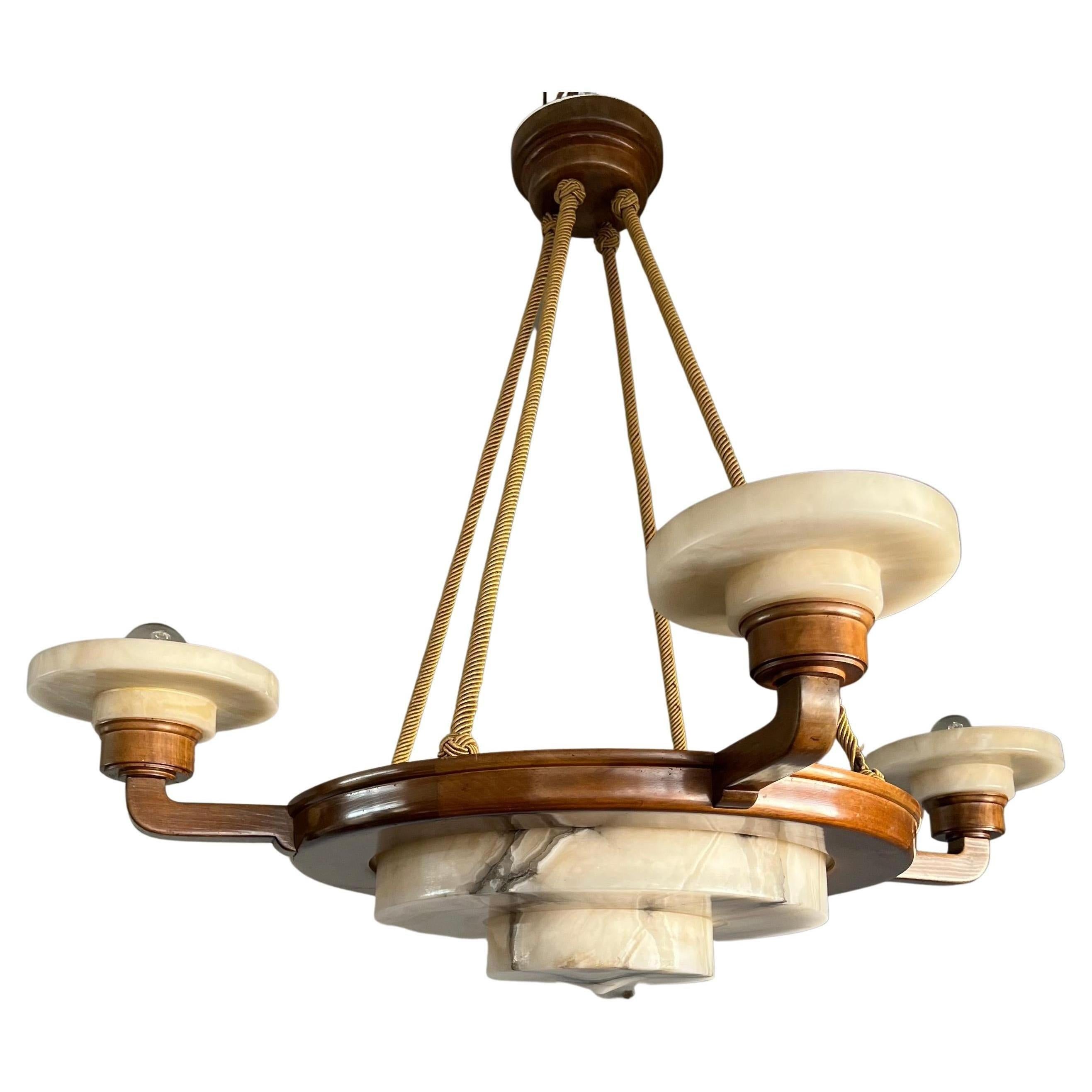 Stunning & Timeless Alabaster and Nutwood Four-Arm Art Deco Pendant / Chandelier For Sale