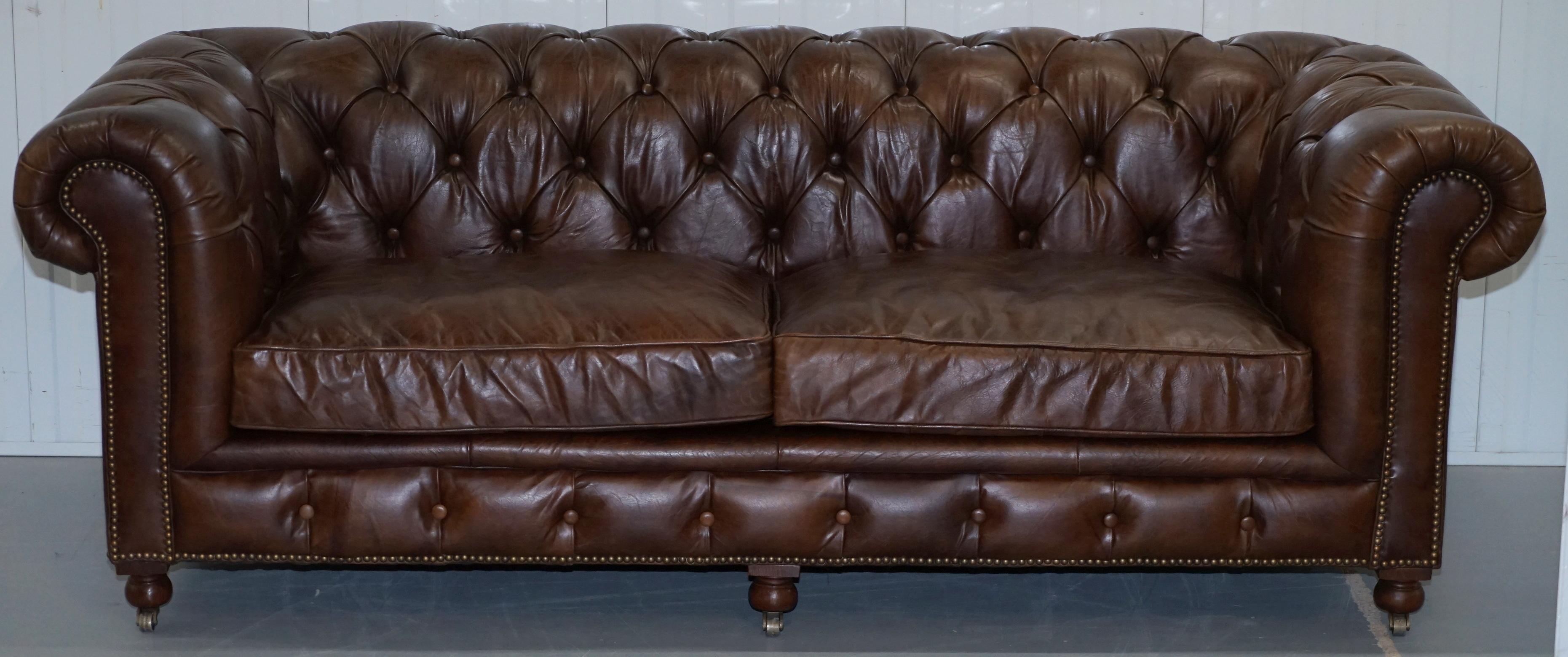 We are delighted to offer for sale this very nice Timothy Oulton Westminster aged brown leather Chesterfield sofa RRP £4425

We have cleaned waxed and polished them from top to bottom, there might be the odd little mark from transport but mostly