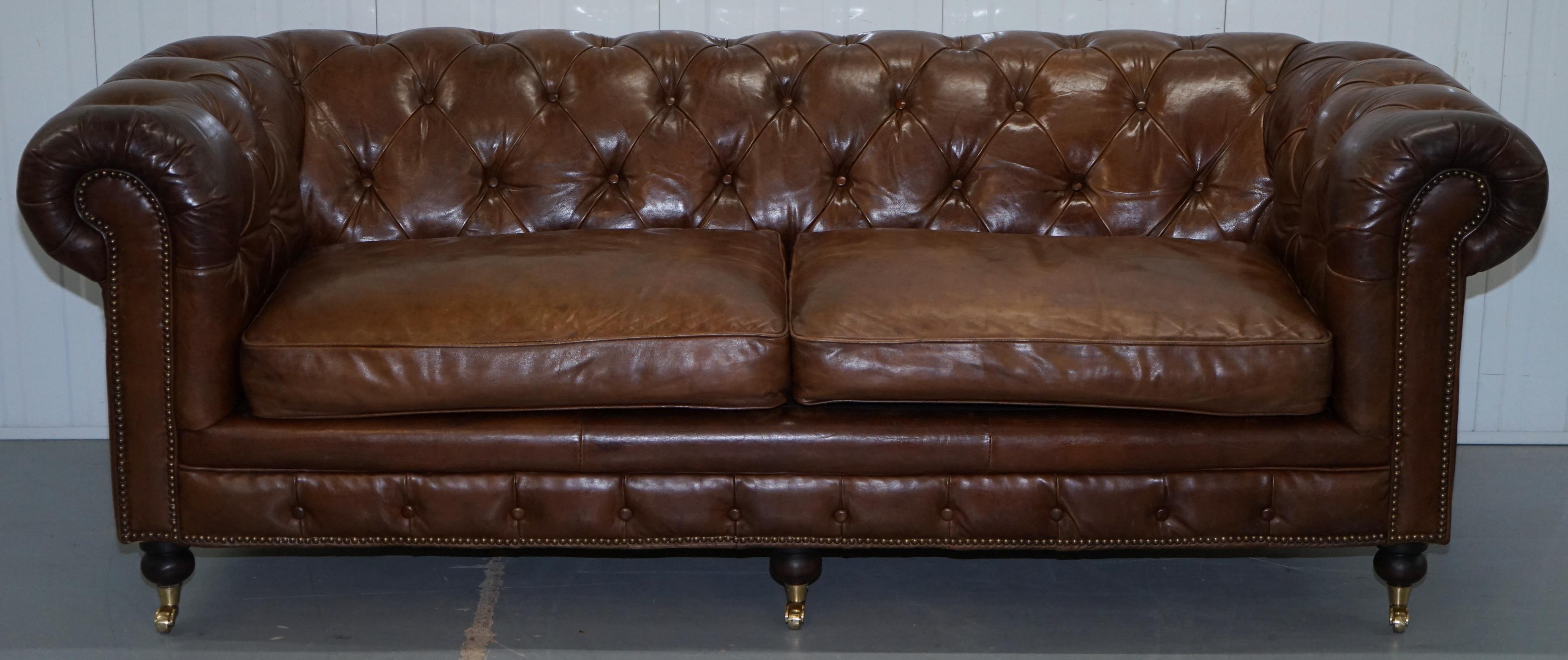 We are delighted to offer for sale this very nice Timothy Oulton Westminster aged brown leather Chesterfield sofa RRP £4425

We have cleaned waxed and polished it from top to bottom, there might be the odd little mark from transport but mostly it