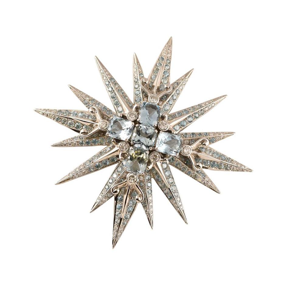 Contemporary Stunning Tony Duquette Aquamarine, Blue Zircon and Diamond Gold Brooch Pin