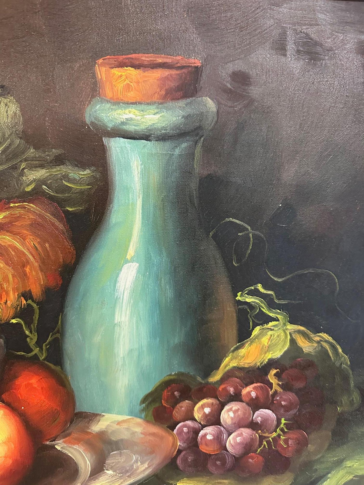 Eye catching well rendered tabletop still life signed Andre, having glistening turquoise jug and juicy fruit in the composition.  Canvas 24” W x 20” H
