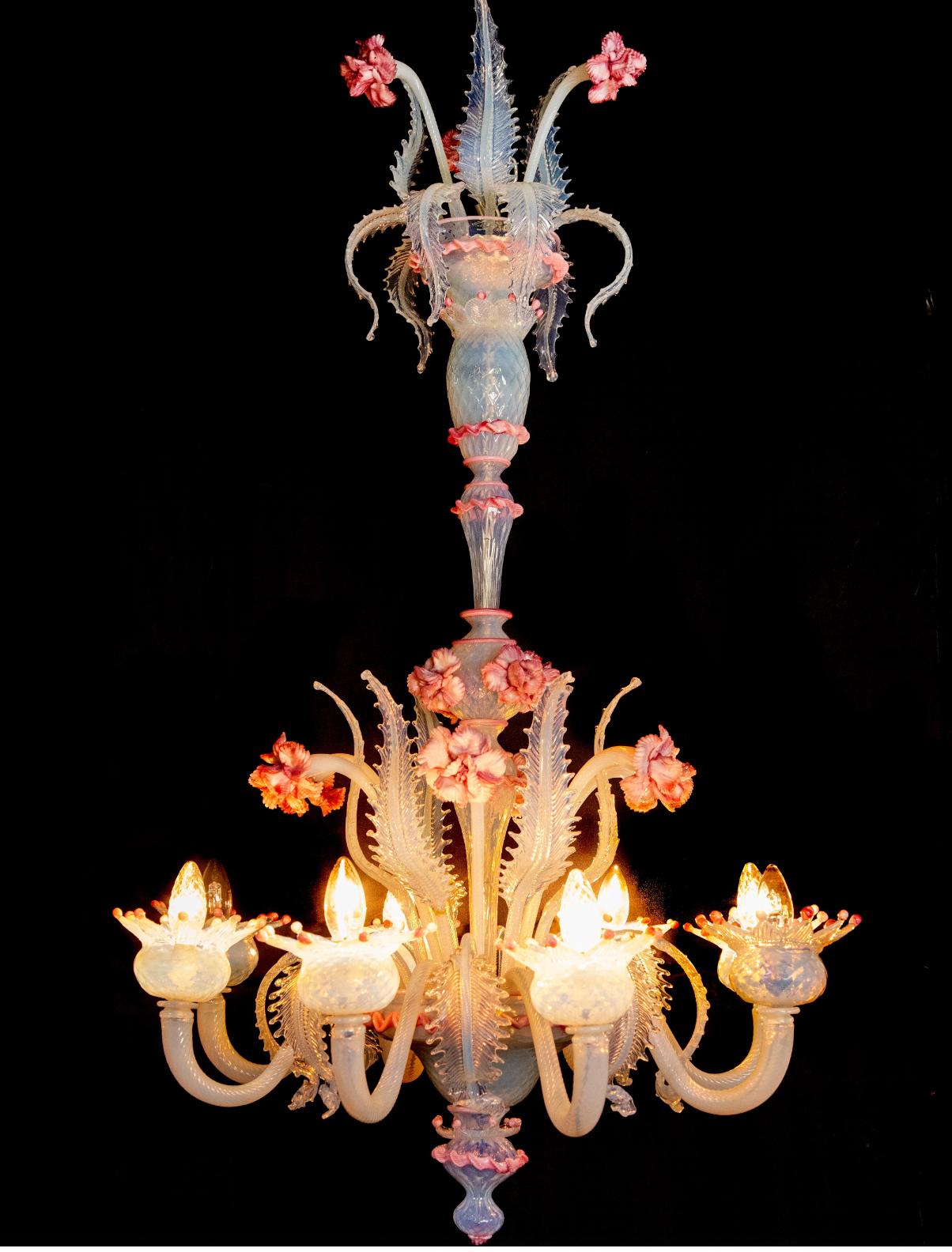 Stunning Trio Light Blue and Pink Venetian Chandeliers, Murano, 1950s For Sale 6