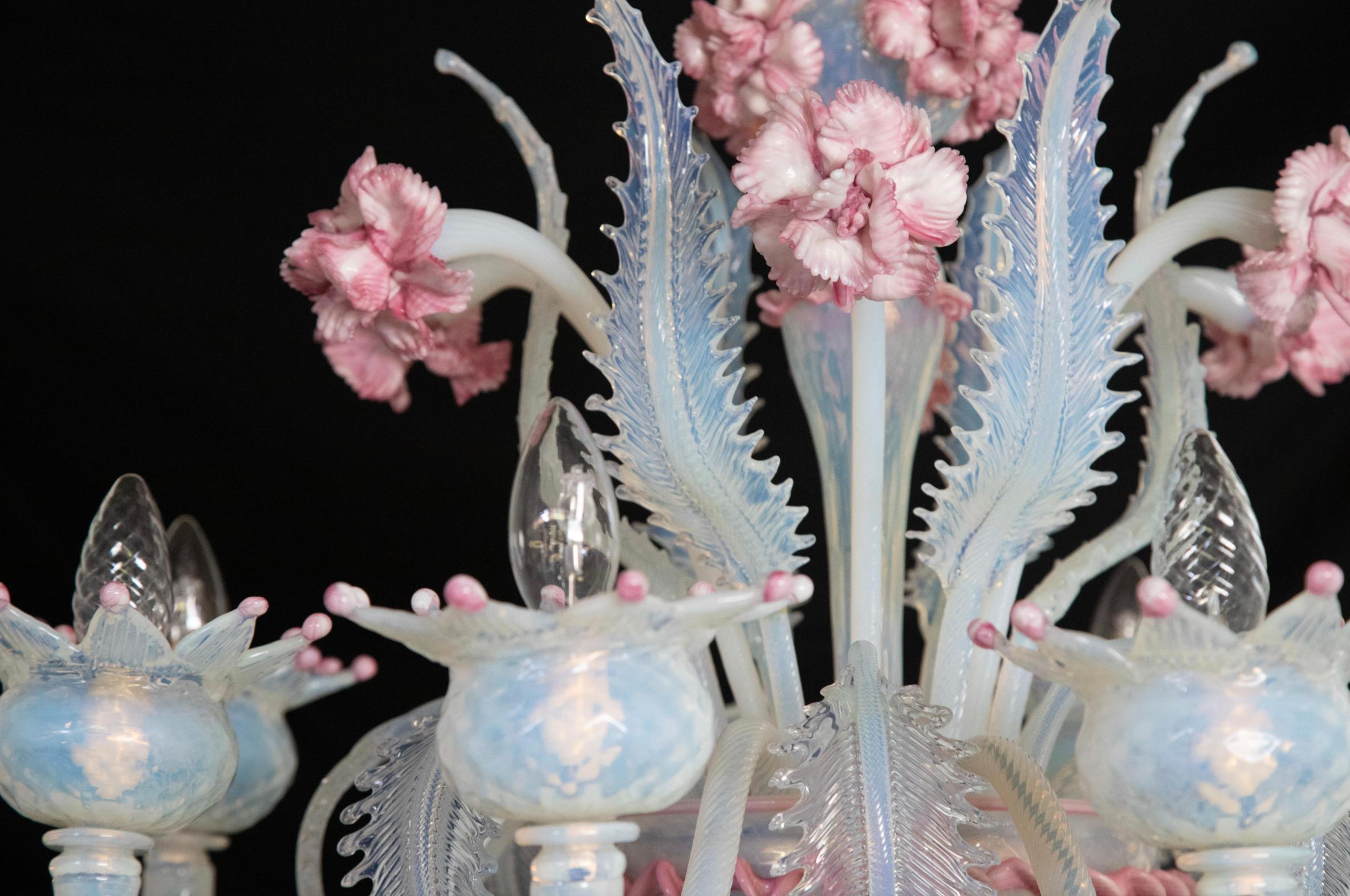 Stunning Trio Light Blue and Pink Venetian Chandeliers, Murano, 1950s For Sale 14