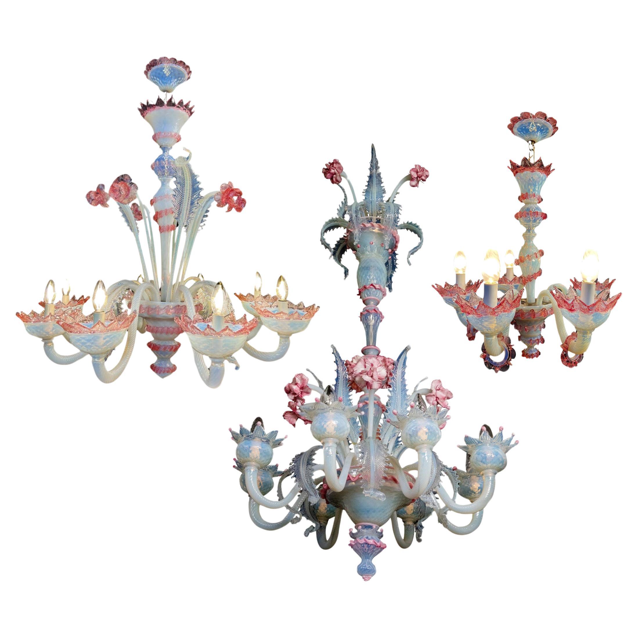 Stunning Trio Light Blue and Pink Venetian Chandeliers, Murano, 1950s For Sale